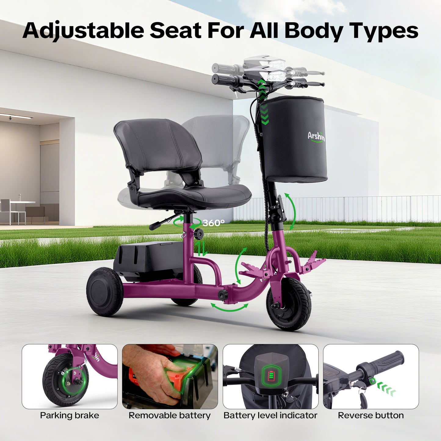 Upgrade Mobility Scooter Lightweight Foldable,All Terrain Mobility Scooters for Seniors & Adults,Arshin 300lbs Electric Wheelchair Strong Device for Travel,2 Batteries,Variable Speed(Purple)