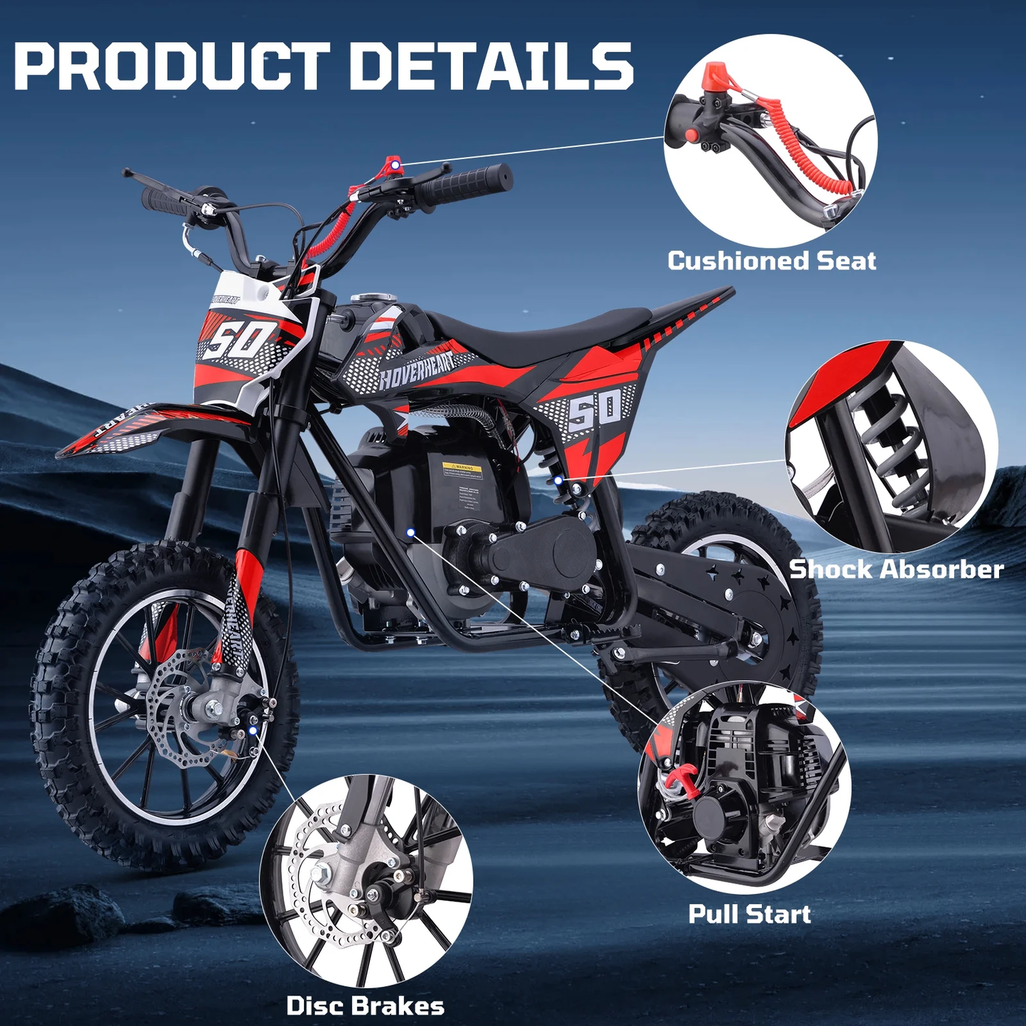 Aoemoe Gas Dirt Bike, 50cc 4-Stroke Gas Powered Kids Off Road Motorcycle (Model-DB4S004) with Off-Road Tire, Suspensions, Disc Brakes, Max Load 165Lbs, Up to 25Mph, NO OIL MIX REQUIRED