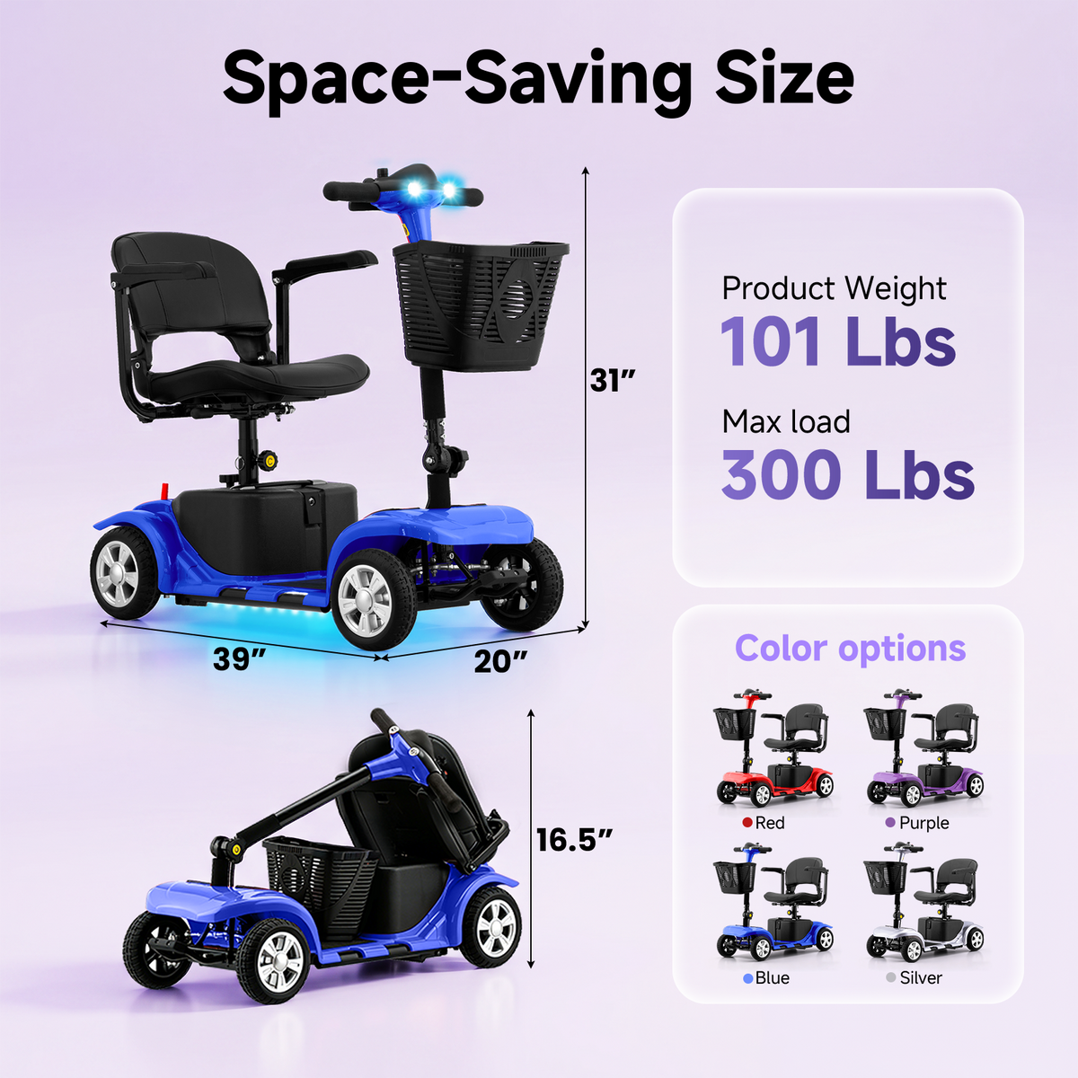 LiltJan Foldable Mobility Scooter for Adults Elderly– 4-Wheel Portable Motorized Scooter with 300 lbs Capacity, Detachable Battery，Including Charger