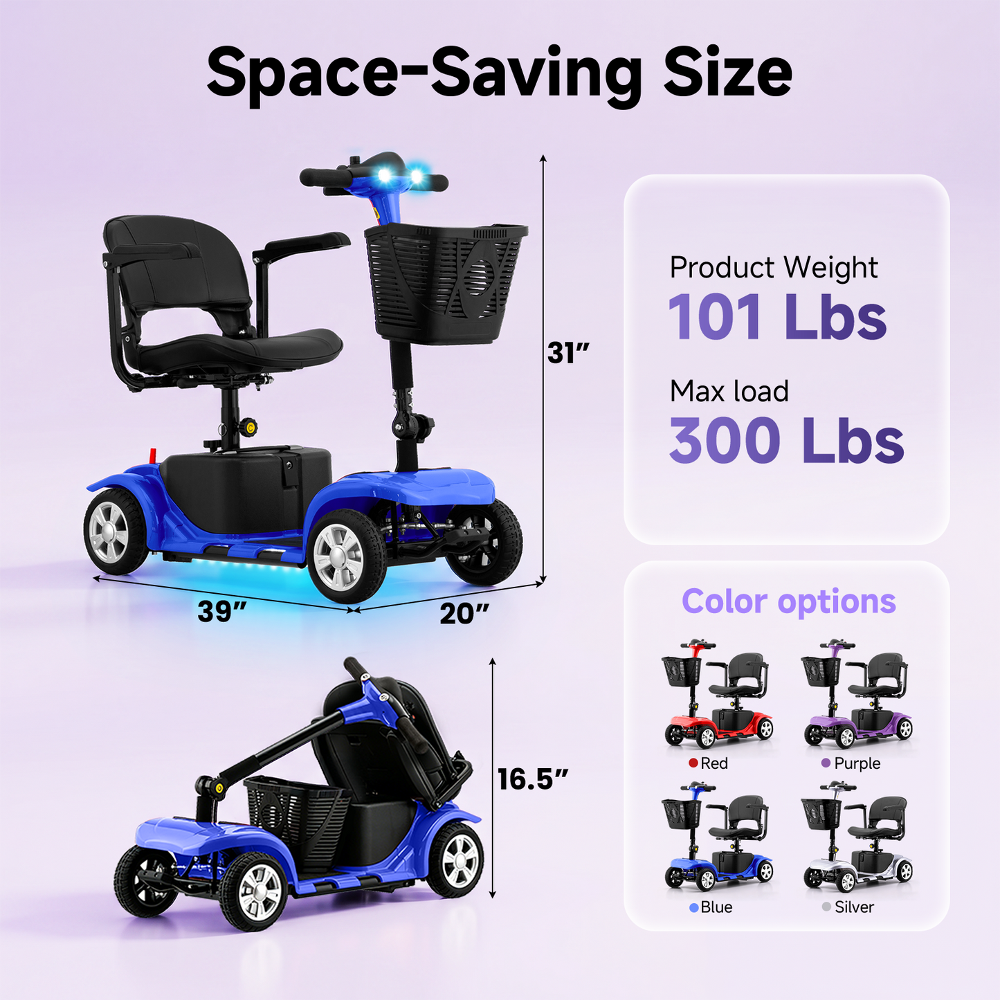 LiltJan Foldable Mobility Scooter for Adults Elderly– Mobility Scooter for Seniors 4-Wheel Portable Motorized Scooter with 300 lbs Capacity with 15 Miles Range