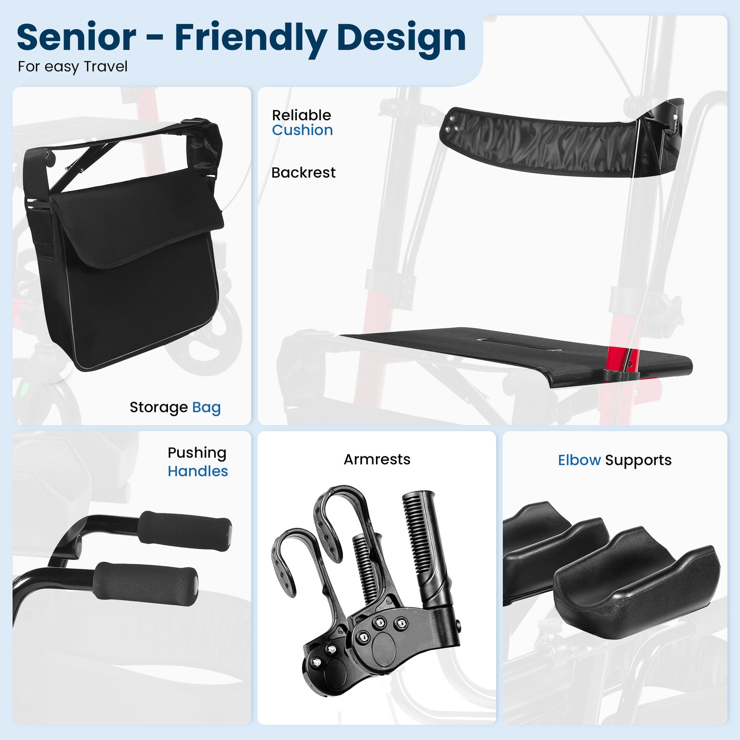 MOSTA All Terrain Upright Walker with Flat-Free Solid Rubber Tires - Outdoor Stand Up Walker for Seniors - Tall Standing Rollator with Seat