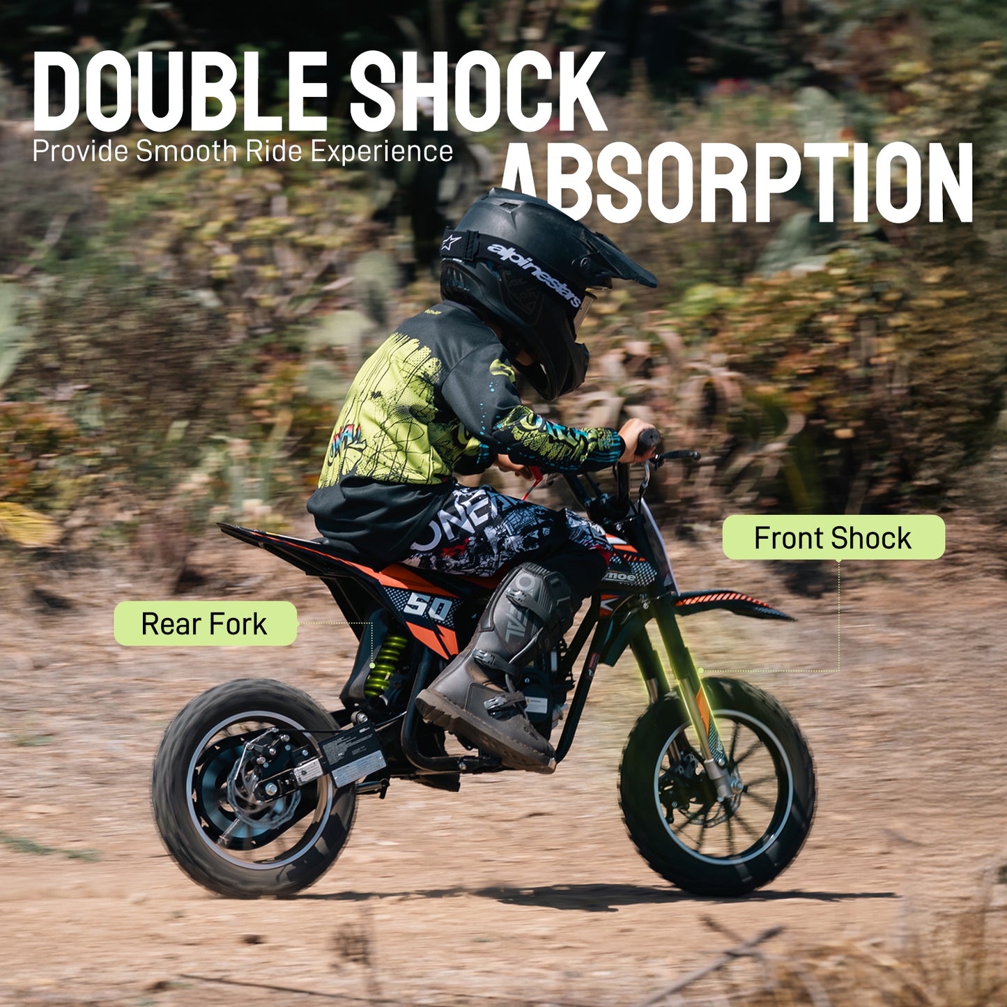 Aoemoe Gas Dirt Bike, 50cc 4-Stroke Gas Powered Kids Off Road Motorcycle (Model-DB4S004) with Off-Road Tire, Suspensions, Disc Brakes, Max Load 165Lbs, Up to 25Mph, NO OIL MIX REQUIRED