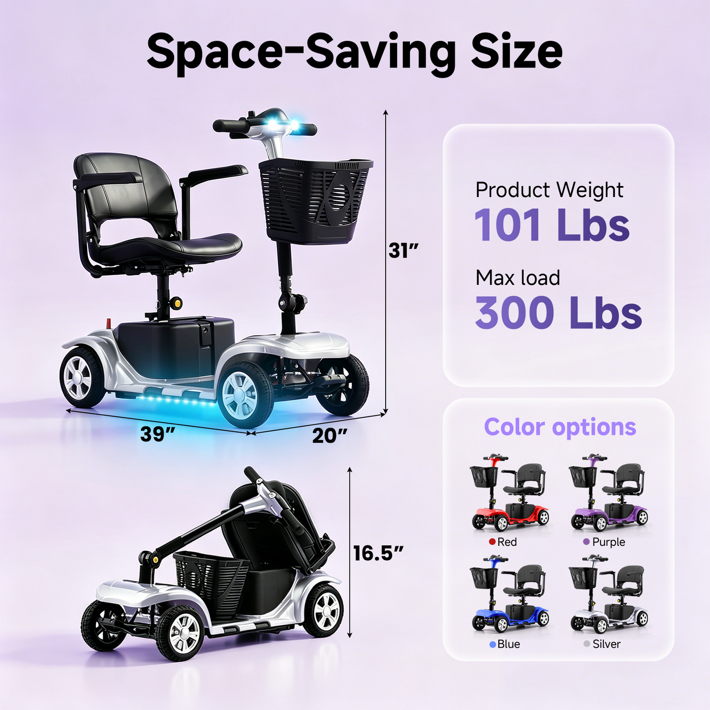 LiltJan Foldable Mobility Scooter for Adults Elderly– Mobility Scooter for Seniors 4-Wheel Portable Motorized Scooter with 300 lbs Capacity with 15 Miles Range