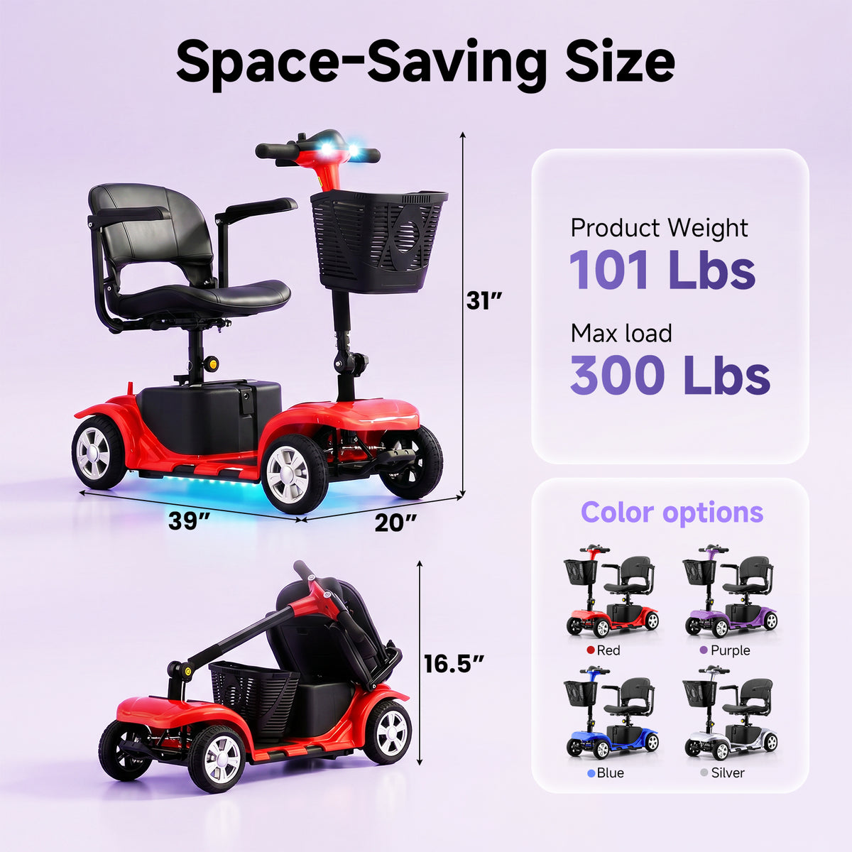 LiltJan Foldable Mobility Scooter for Adults Elderly– 4-Wheel Portable Motorized Scooter with 300 lbs Capacity, Detachable Battery，Including Charger Red