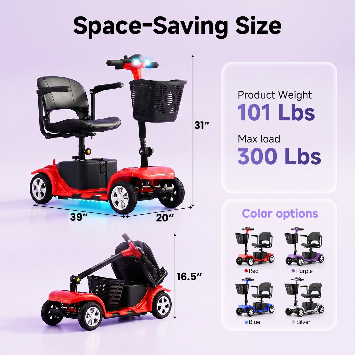 LiltJan Foldable Mobility Scooter for Adults Elderly– Mobility Scooter for Seniors 4-Wheel Portable Motorized Scooter with 300 lbs Capacity with 15 Miles Range
