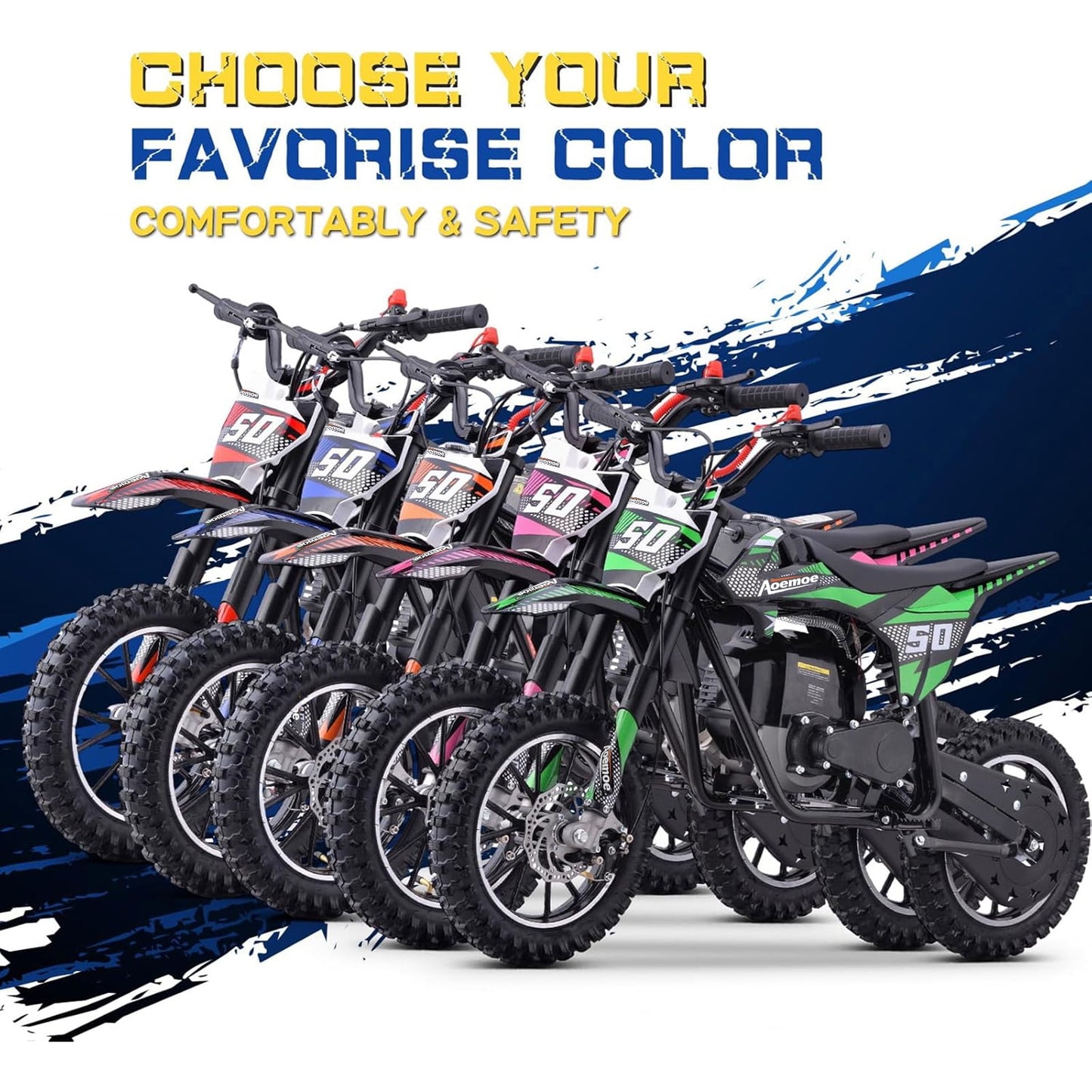 Aoemoe Gas Dirt Bike, 50cc 4-Stroke Gas Powered Kids Off Road Motorcycle (Model-DB4S004) with Off-Road Tire, Suspensions, Disc Brakes, Max Load 165Lbs, Up to 25Mph, NO OIL MIX REQUIRED