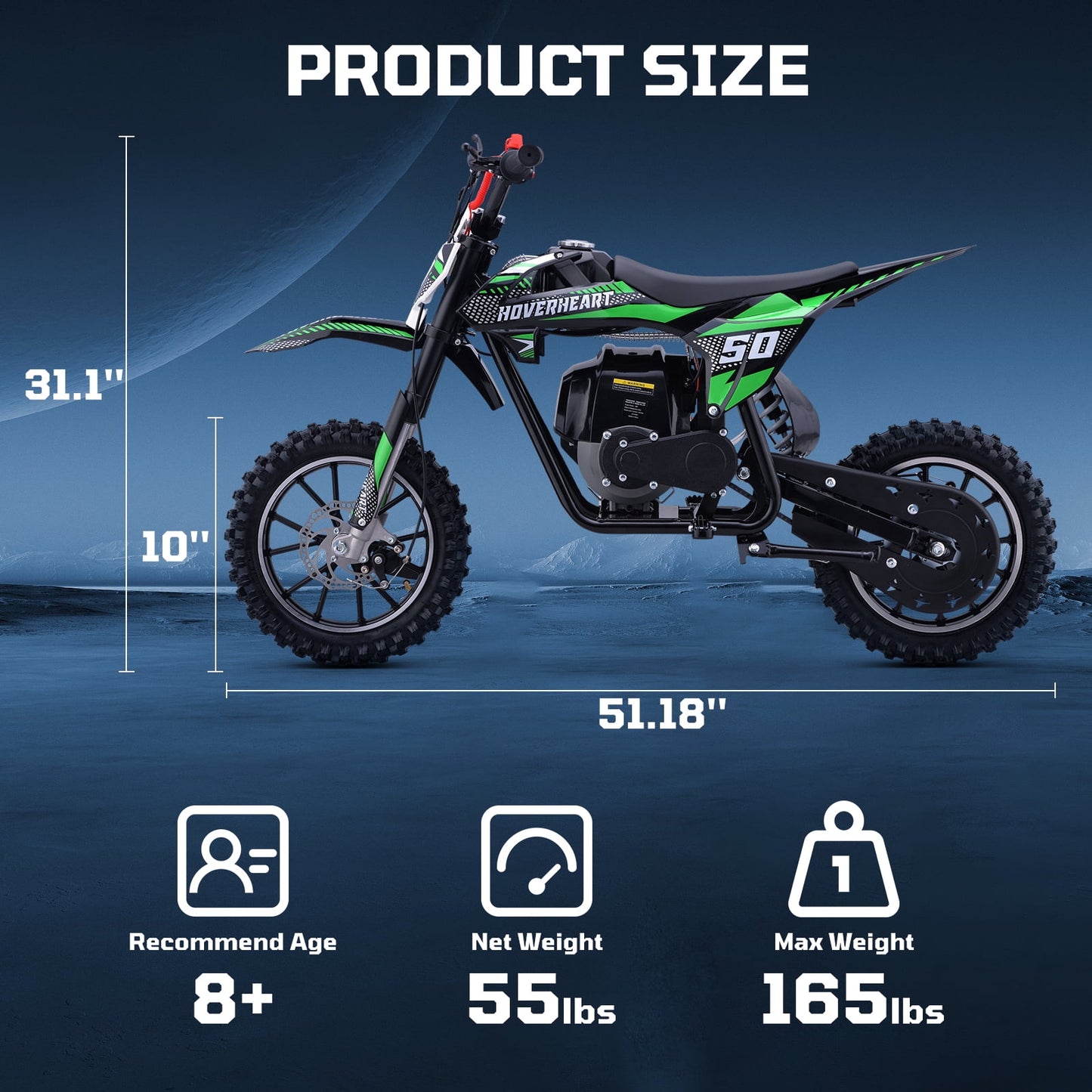 Aoemoe Gas Dirt Bike, 50cc 4-Stroke Gas Powered Kids Off Road Motorcycle (Model-DB4S004) with Off-Road Tire, Suspensions, Disc Brakes, Max Load 165Lbs, Up to 25Mph, NO OIL MIX REQUIRED