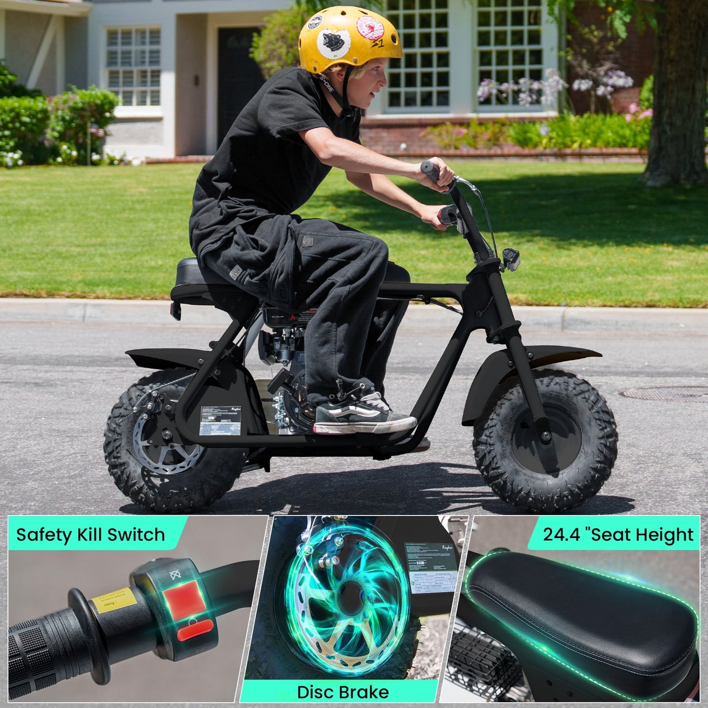 QEASET 99cc Mini Bike Gas Powered, 4-Stroke with LED Headlight, Black