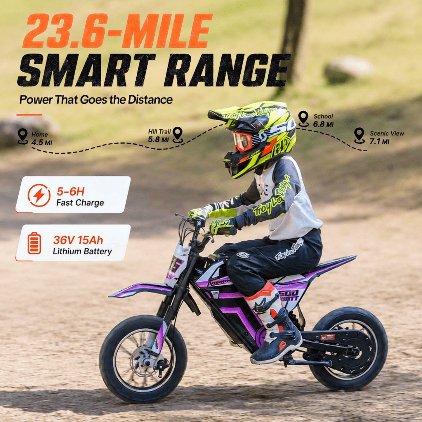 Aoemoe Electric Dirt Bike, 36V 500W Motorized Mini Bike, 17 MPH Top Speed, Front Suspension, Off-Road Tires, Purple