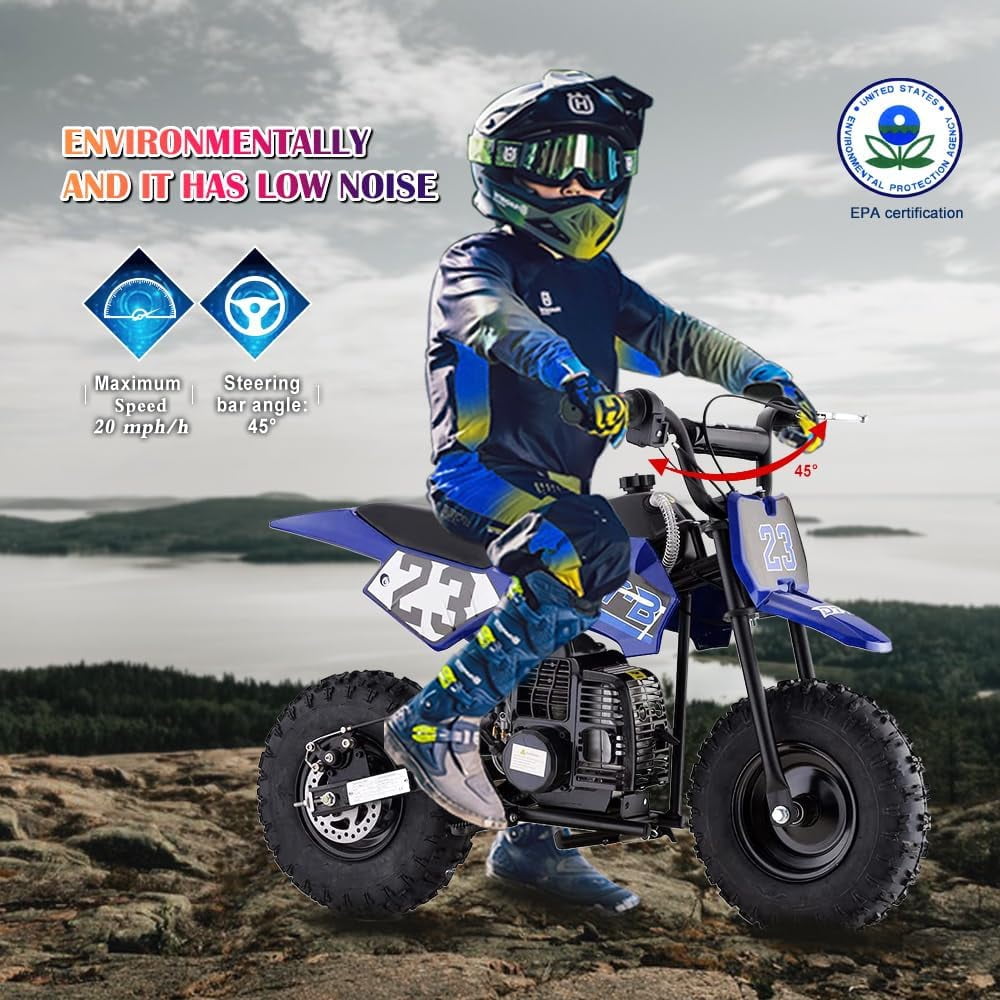 Aoemoe Mini Kid Dirt Bike, 49 CC 2-Stroke Gas Bike with Off-Rode Tire, Suspensions, Disc Brakes, Max Load 160Lbs, Up to 20Mph, EPA Approved