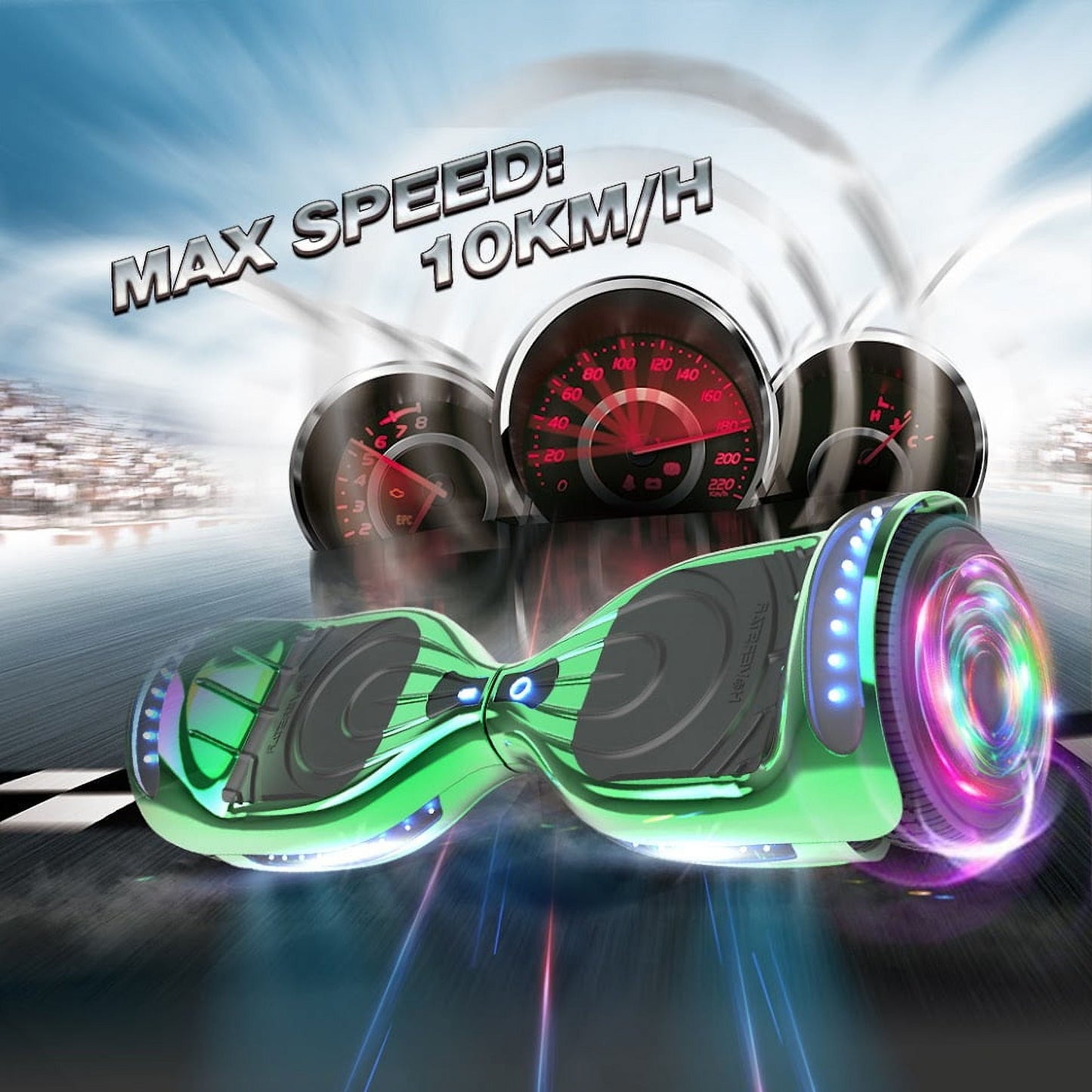 Flash Wheel Hoverboard 6.5" Bluetooth Speaker with LED Light Self Balancing Wheel Electric Scooter, Chrome Green