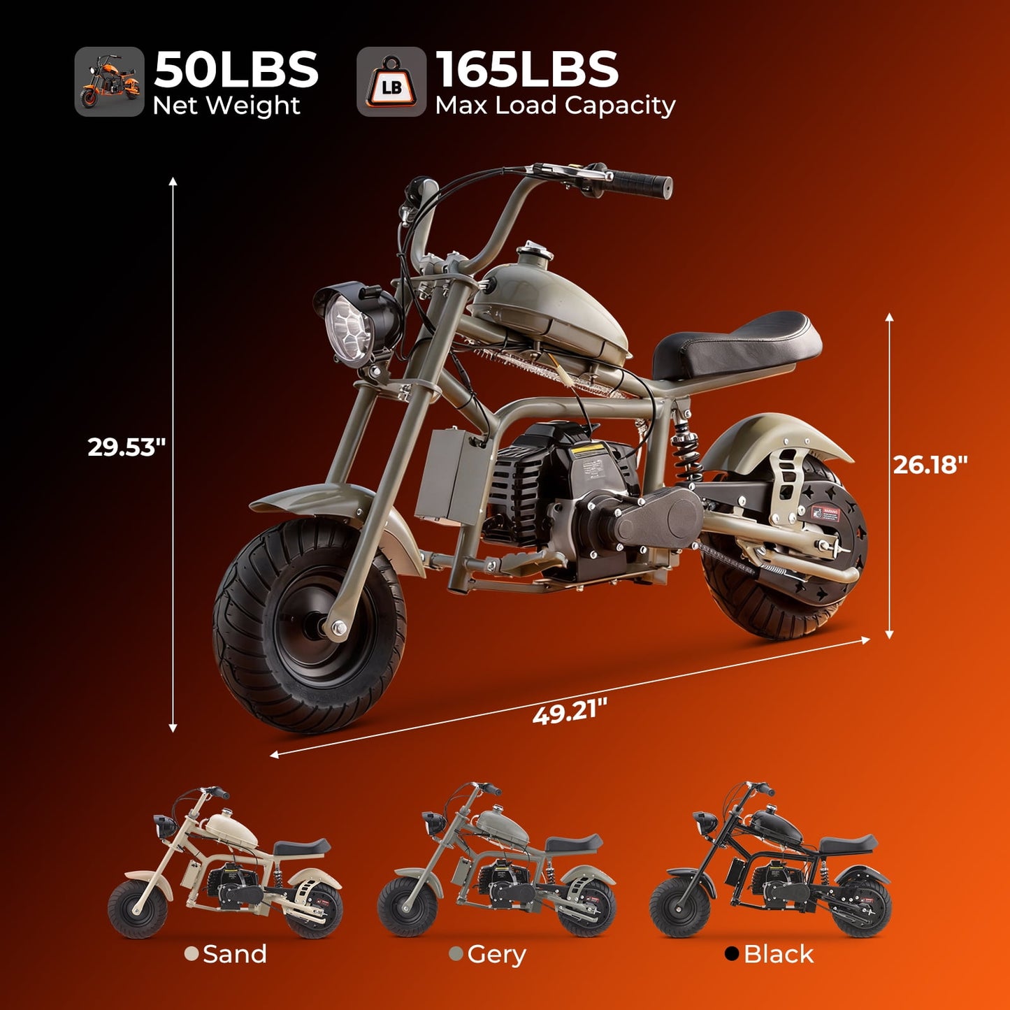 QEASET 39cc Gas Mini Bike,4-Stroke, Off-Road Ride-On Motorcycle, Top Speed 18 mph, 165 lb Capacity, Black
