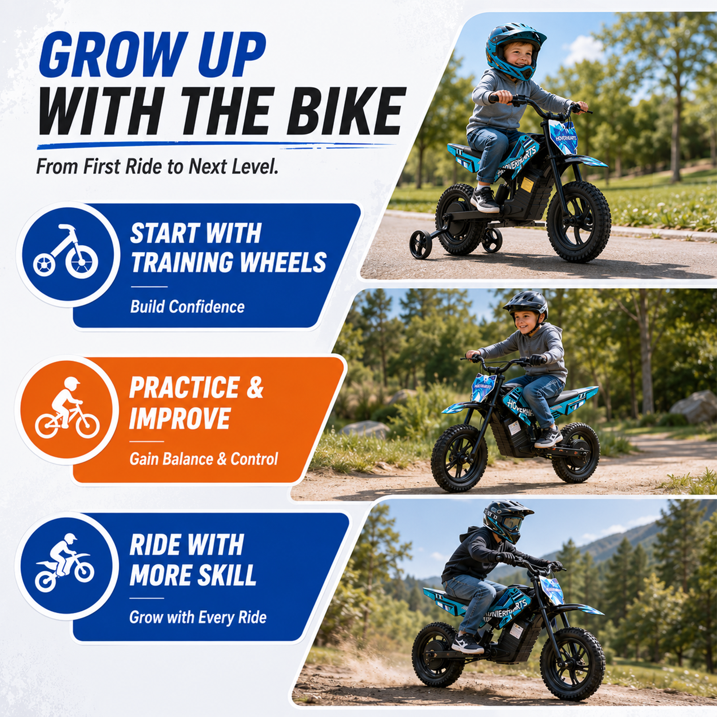 Aoemoe Electric Ride On Mini Bike for Beginners, 25.2V 2.6Ah Battery, Training Wheels & Rear Shock, 6.2 MPH Max Speed, All-Terrain Outdoor Toy, Teal Blue