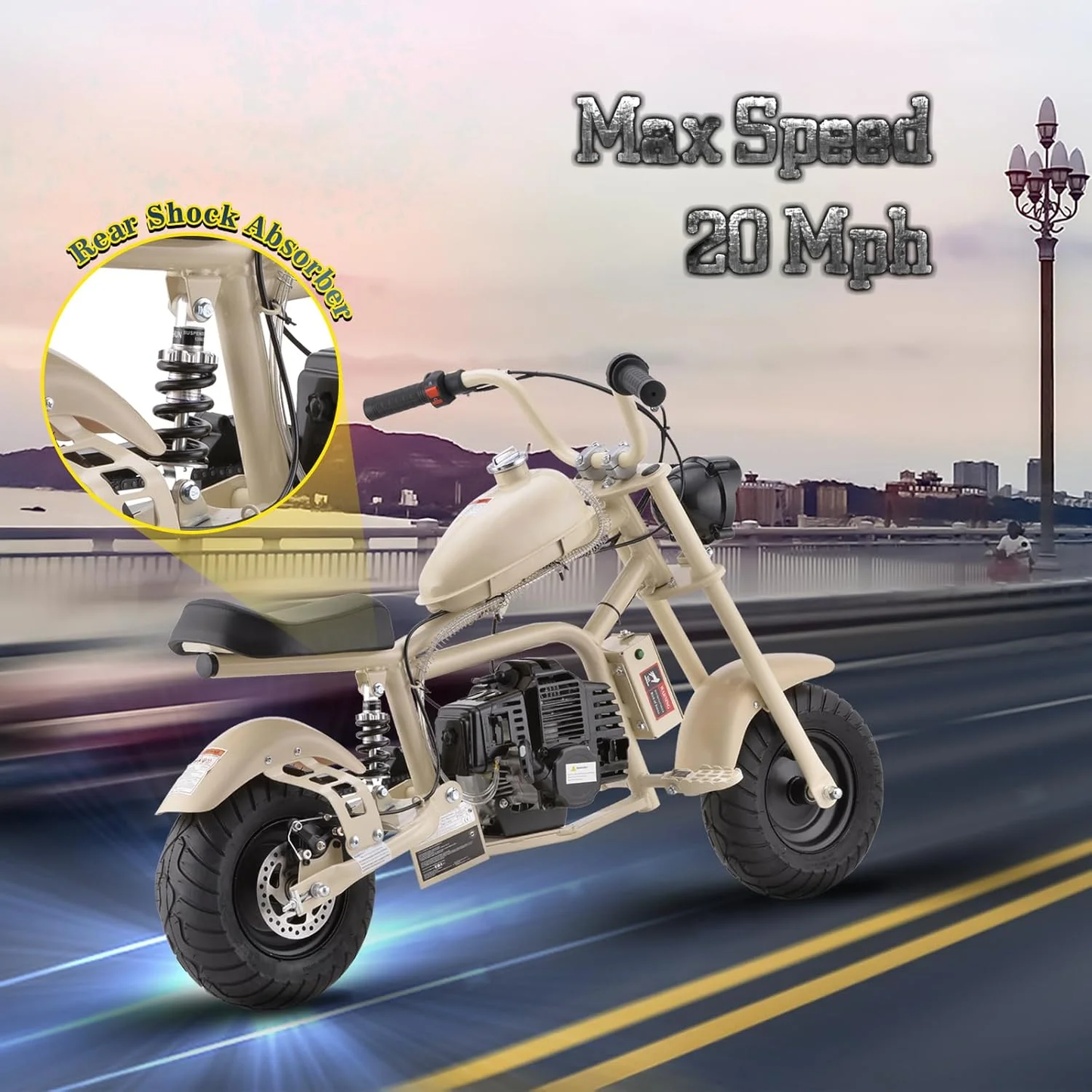 Aoemoe Gas Mini Chopper Bike, DB003 Model 49.4 CC 2-Stroke Dirt Bike with Big Headlight, Rear Shock Absorber, Metal Frame, Disc Brakes, Max Load 165Lbs, Up to 18Mph（Sand）