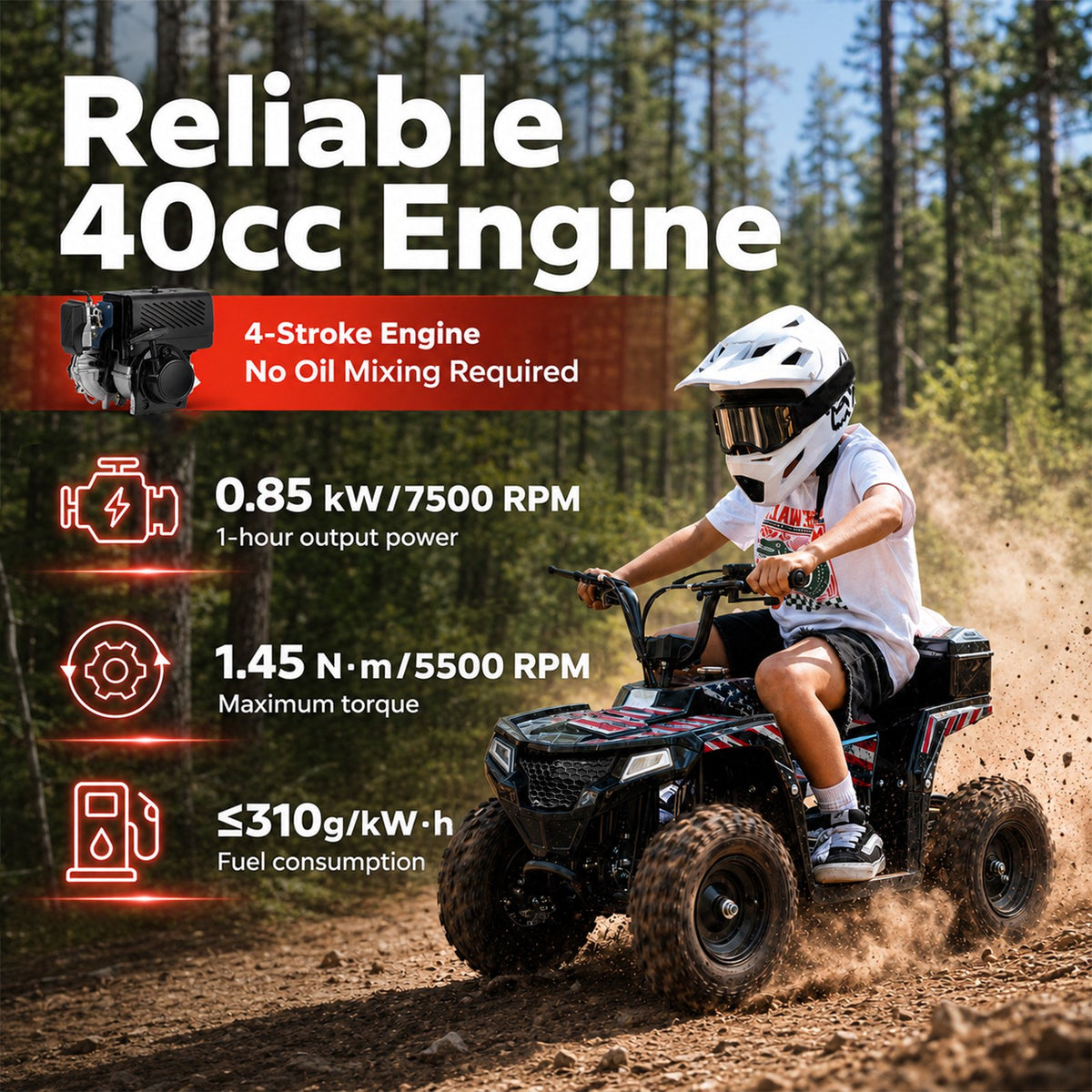 Aoemoe 40cc 4-Stroke Youth Ride-On for Ages 13+, Fuel Powered Pull Start with Front & Rear Disc Brakes, Adjustable Top Speed Up to 15 MPH, Safety Flag & Parental Speed Control, Flag