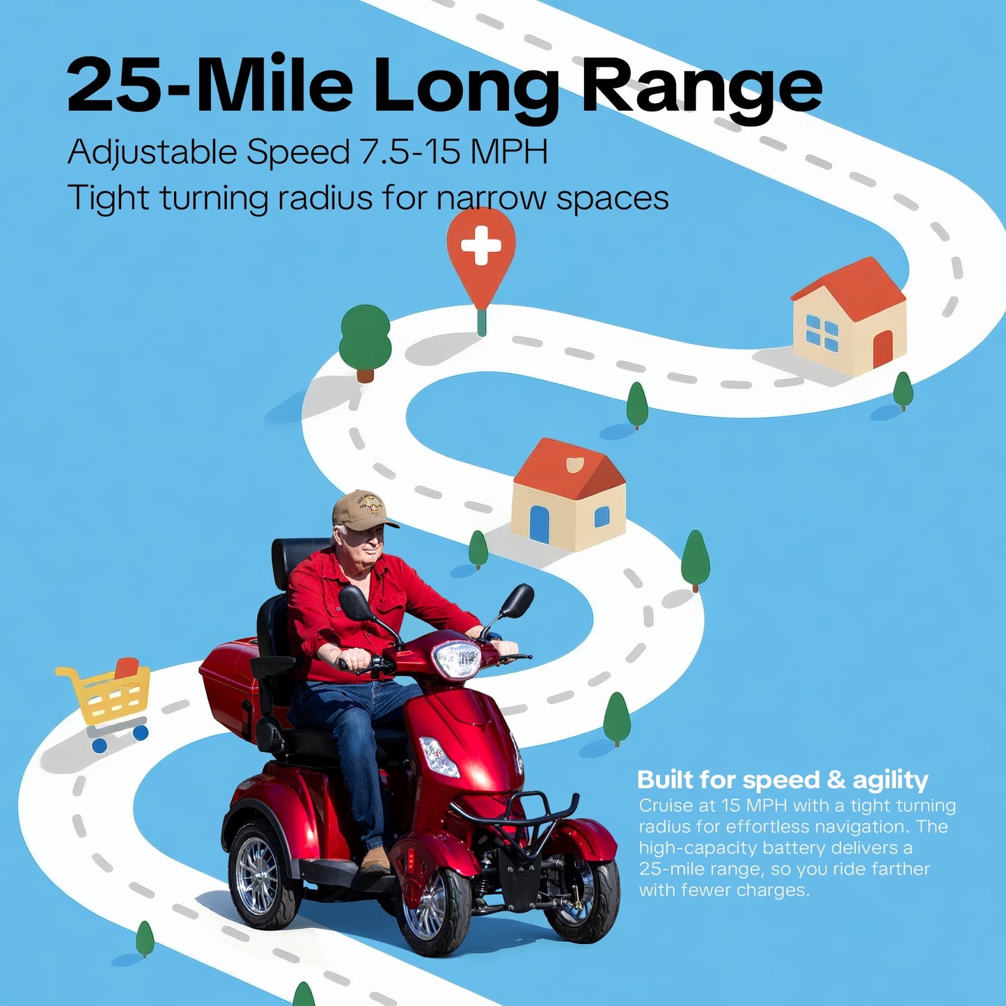 Arshin Mobility Scooters for Seniors & Adults,500lbs Capacity Heavy Duty Electric Mobility Scooters with 4 Wheels,800W Long Range Battery and Speed Adjust Medical Scooter(Red)