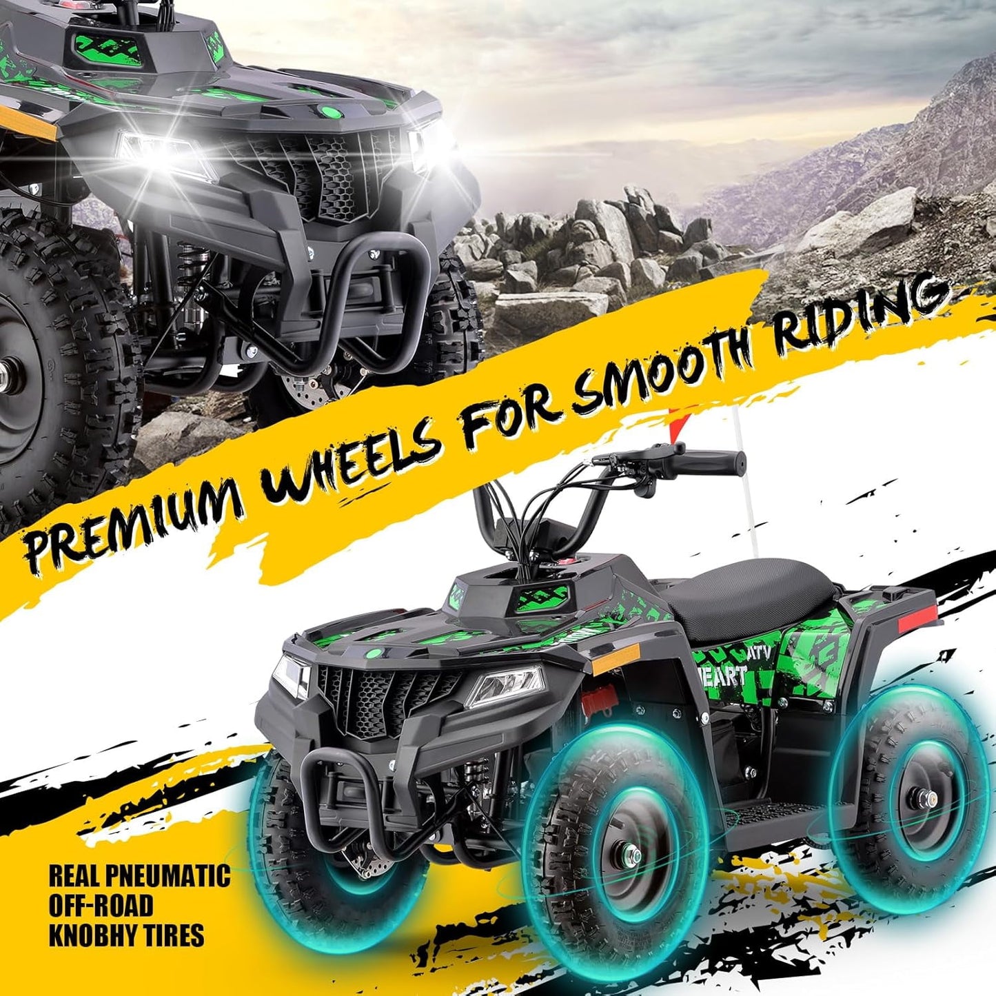 36V Electric 500W Motor 4-Wheeler with Front & Rear Suspension, IVFJFV Electric 4-wheel Off-Road Tires & Safety Flag & LED Headlights,Power Ride on Car for Age 8-14