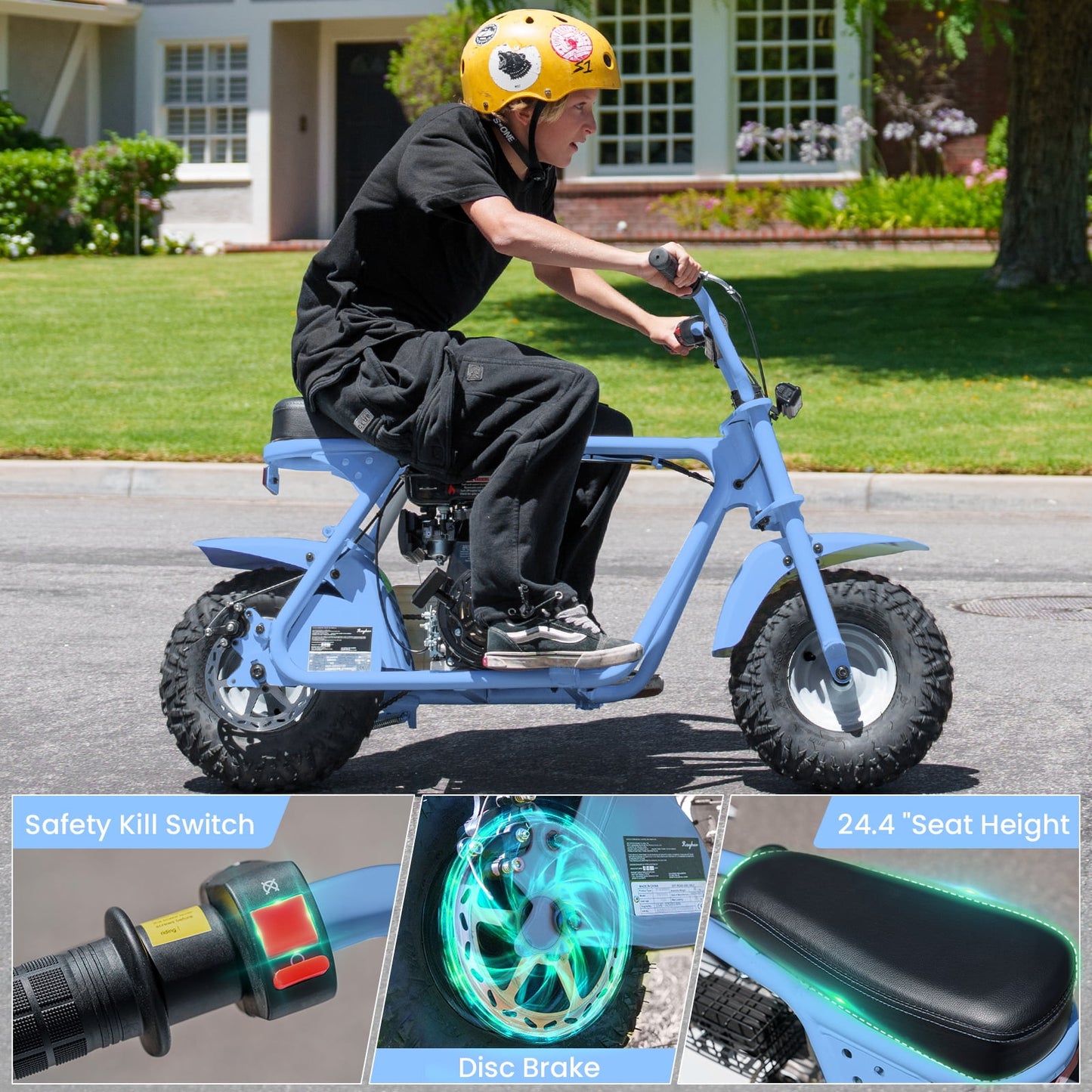 QEASET 99cc Mini Bike Gas Powered, 4-Stroke with LED Headlight, Blue