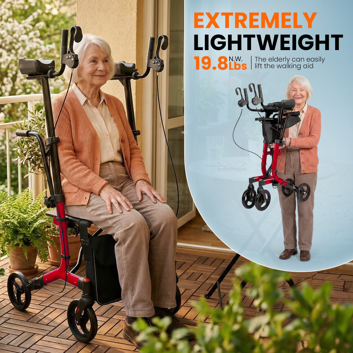 LiltJan 2-in-1 Upright Rollator Walker for Seniors - Lightweight Foldable Walker with Seat & Adjustable Arm Supports, Standing & Seated Transport Chair, 300 lbs Capacity