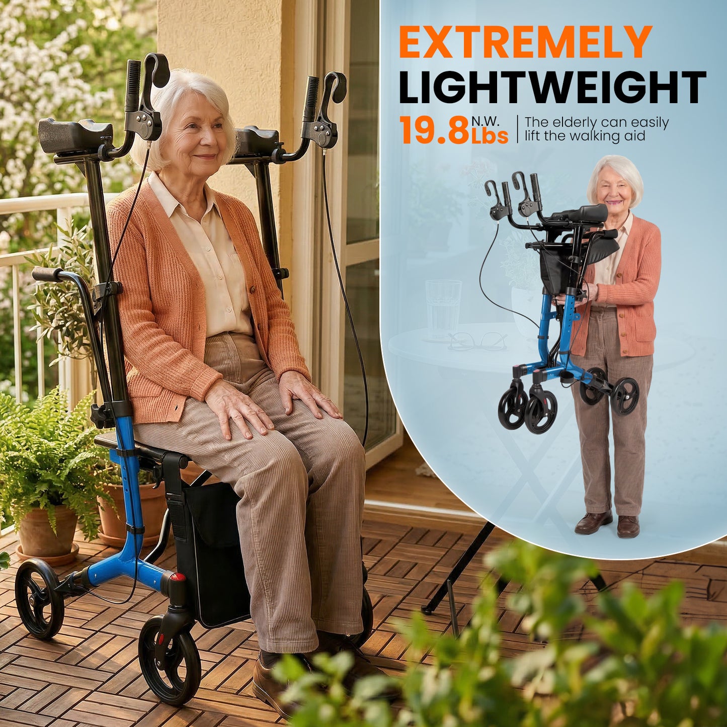 LiltJan 2-in-1 Upright Rollator Walker for Seniors - Lightweight Foldable Walker with Seat & Adjustable Arm Supports, Standing & Seated Transport Chair, 300 lbs Capacity