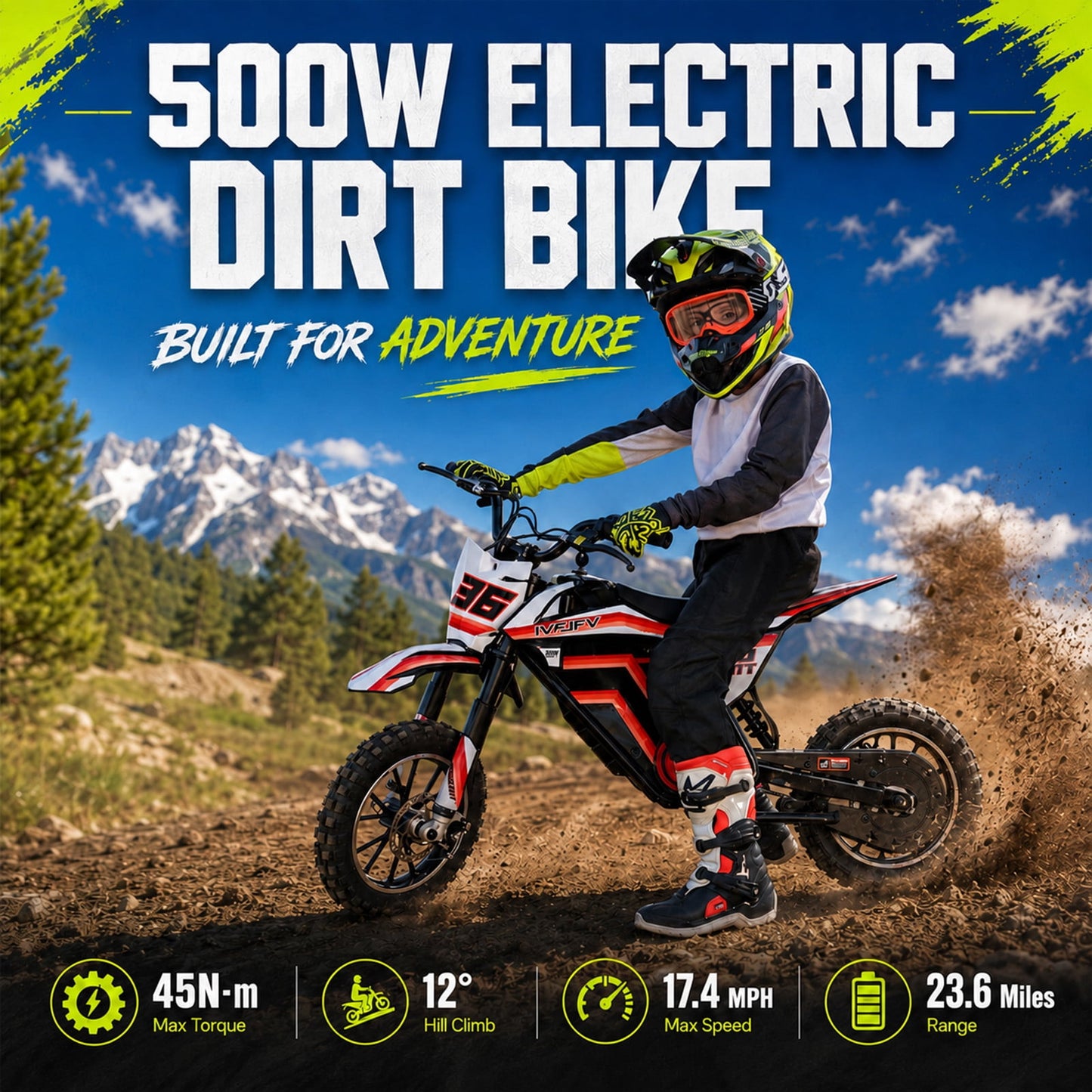 IVFJFV 500W Electric Dirt Bike for Kids,Up to 17.4MPH & 23.6 Miles,Two Speed Modes, Front & Rear Suspension,Mechanical Disc Brakes, 165 LBS,Beginner-Friendly Handle, All-Terrain,RED