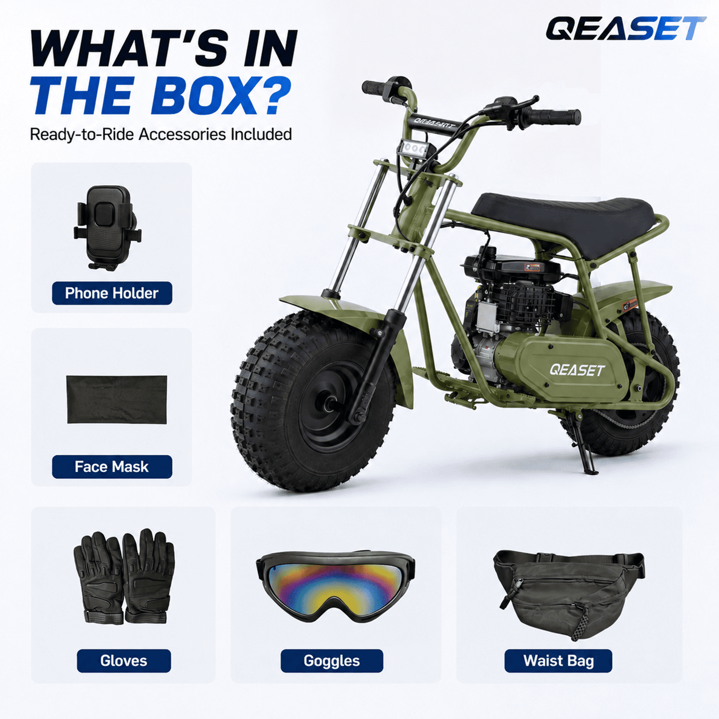 QEASET 105CC 4-Stroke Mini Bike with Shock Absorption, Off-Road Motorcycle, Green