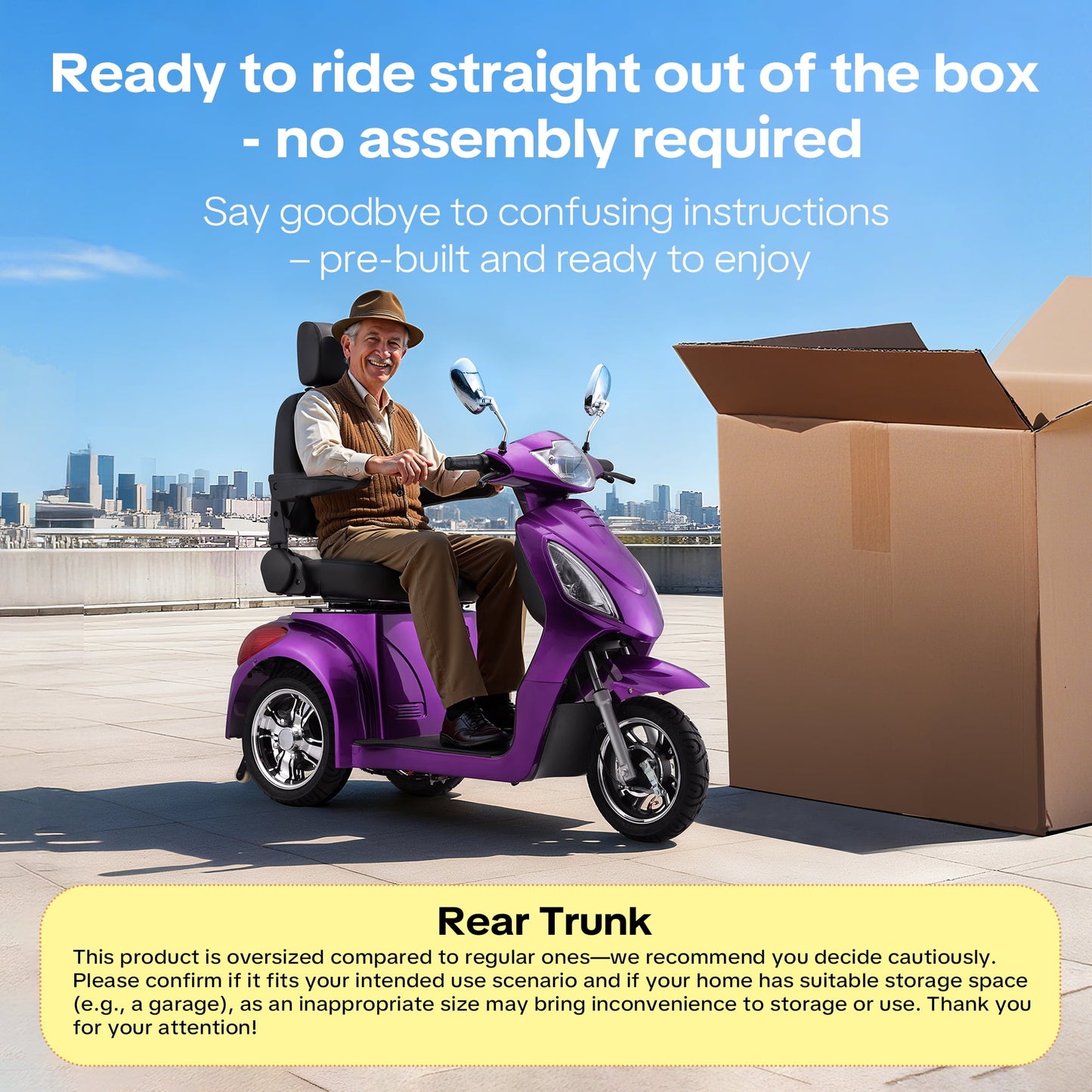 New & Improved 3-Wheel Mobility Scooter for Adults & Seniors - 500 lb Heavy Duty Capacity,31-Mile Range,800W Power for Outdoor Use by Arshin,All-Day Riding,Easy to Use(Purple)
