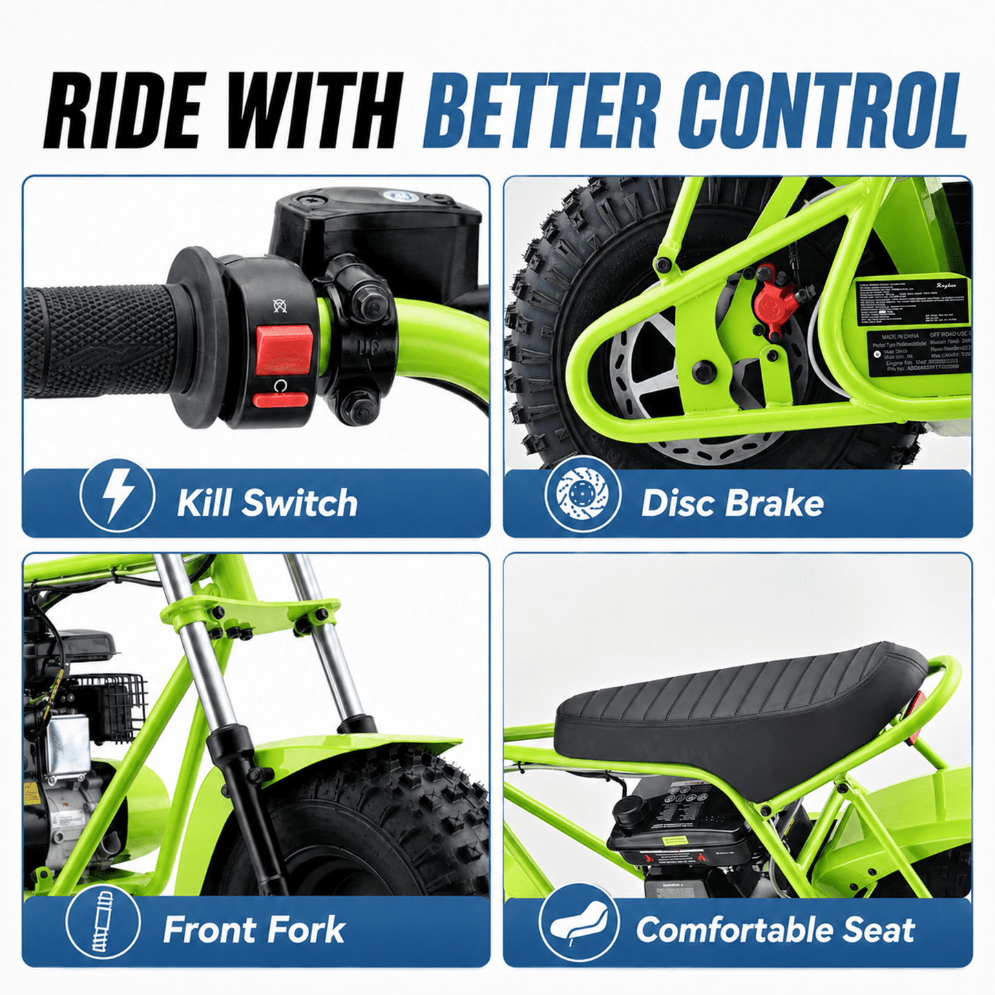 QEASET 105CC 4-Stroke Mini Bike with Shock Absorption, Off-Road Motorcycle, SD