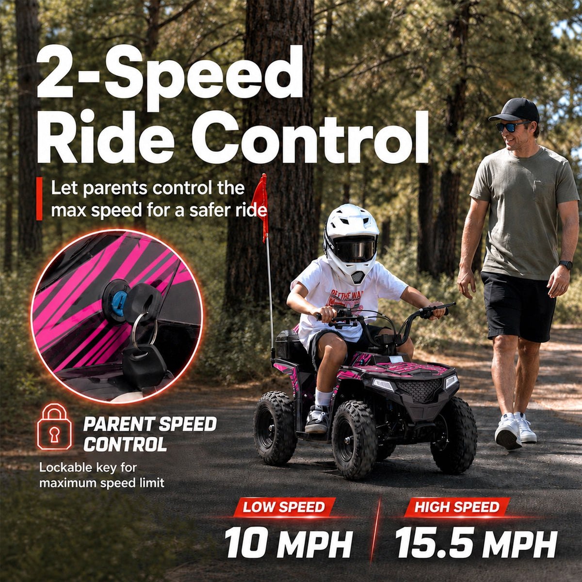 Aoemoe 40cc 4-Stroke Youth Ride-On for Ages 13+, Fuel Powered Pull Start with Front & Rear Disc Brakes, Adjustable Top Speed Up to 15 MPH, Safety Flag & Parental Speed Control, Pink