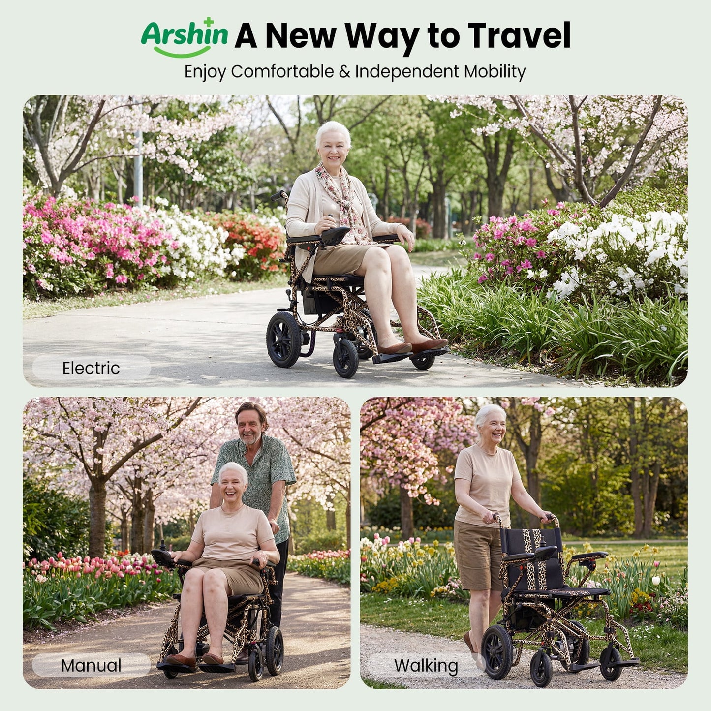 Arshin Electric Wheelchair Lightweight Foldable,20+ Miles Electric Wheelchairs for Adults,360°Joystick Motorized Wheelchair,286+ lbs Capacity,Leopard Brown