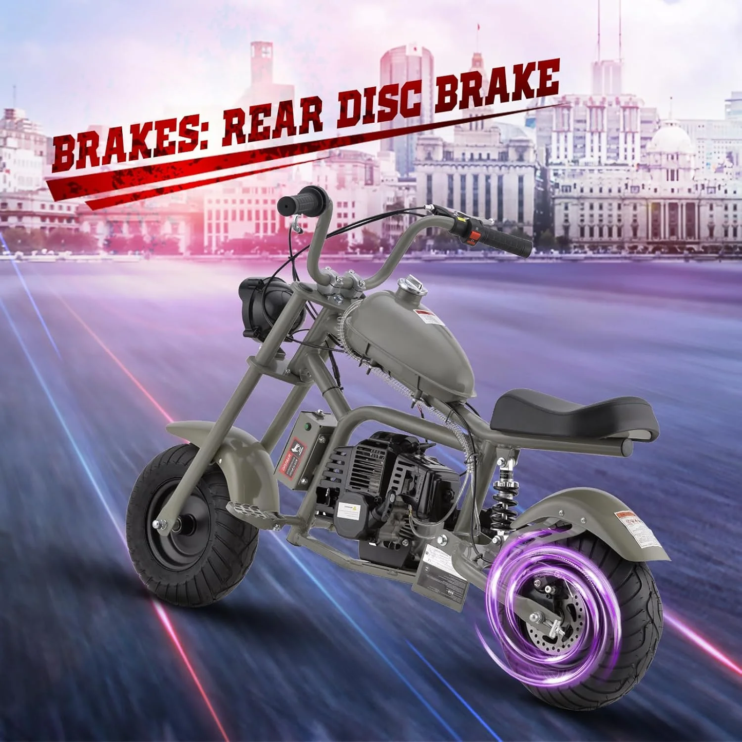 Aoemoe Gas Mini Chopper Bike, DB003 Model 49.4 CC 2-Stroke Dirt Bike with Big Headlight, Rear Shock Absorber, Metal Frame, Disc Brakes, Max Load 165Lbs, Up to 18Mph（Gray）