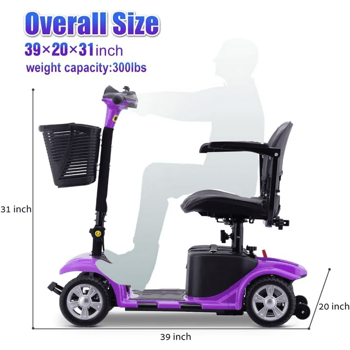 4 Wheels Mobility Scooter for Adults, Senior Electric Powered Chargeable Device for Travel, Lightweight and Portable, with LED Headlights and Basket, Charger Included (Purple)