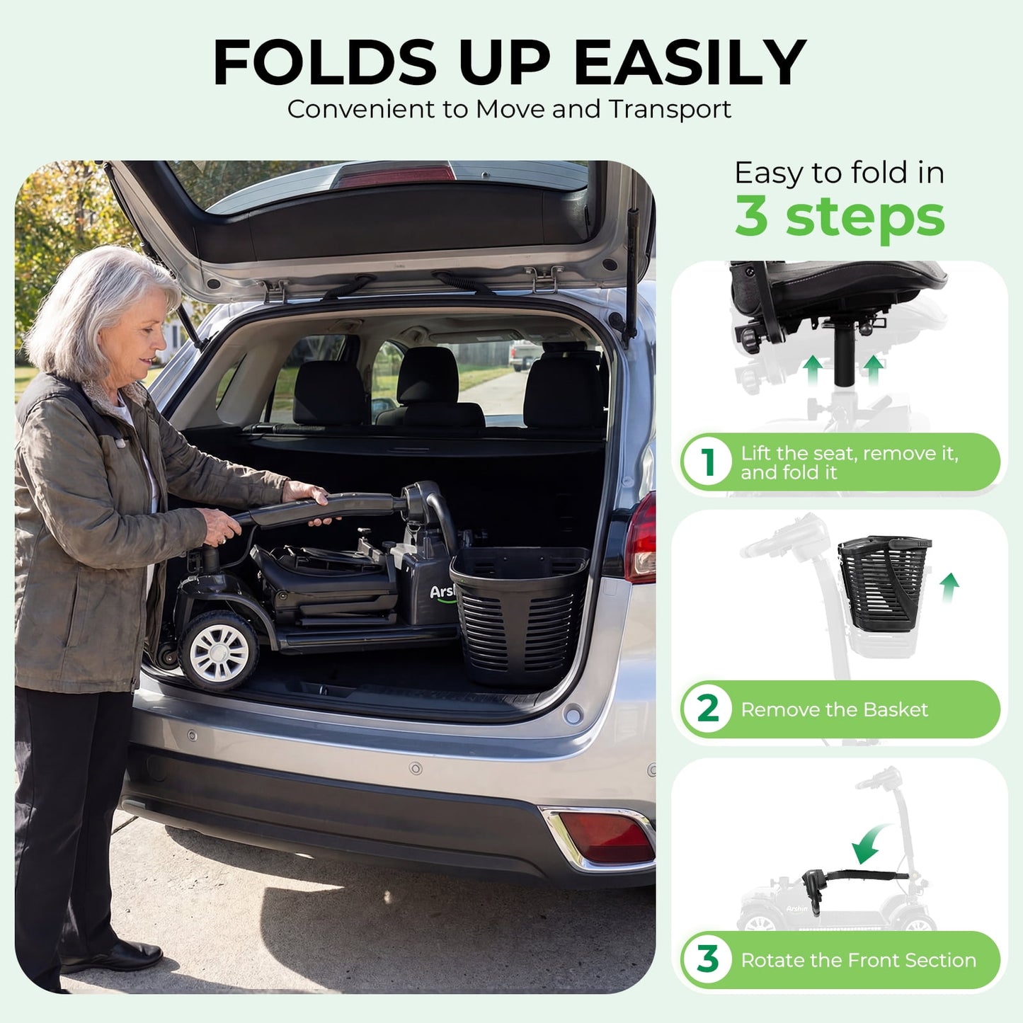 Arshin 4-Wheel Mobility Scooter for Seniors,Easy-to-Use,Foldable & Lightweight,300lbs,Black