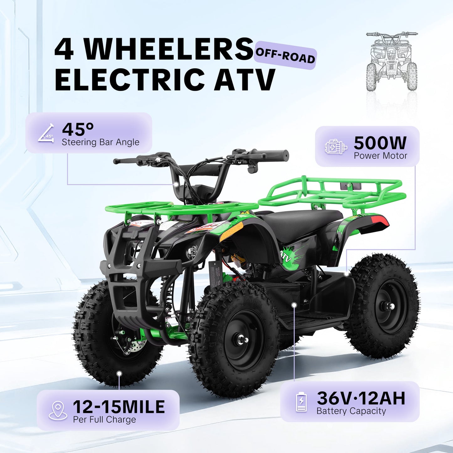 36V 500W Electric 4 Wheeler for age 12+,10/15 MPH Speed Adjustment,IVFJFV 12AH Battery Powered 4 Wheel with Safety Lock,Powered Ride-on Car Dual Shock Absorbers,LED Light,10" Off-Road Tires,