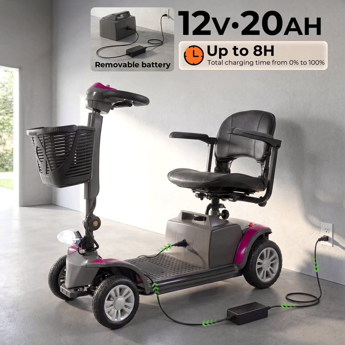 Arshin Senior-Friendly Mobility Scooter,Easy-to-Use and Lightweight Foldable,300lbs,Purple