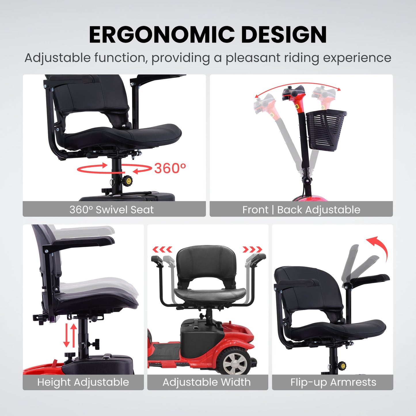 Arshin Improve 4 Wheel Mobility Scooter for Seniors,Foldable Powered Mobile Wheelchair for Adult 300lbs,Red