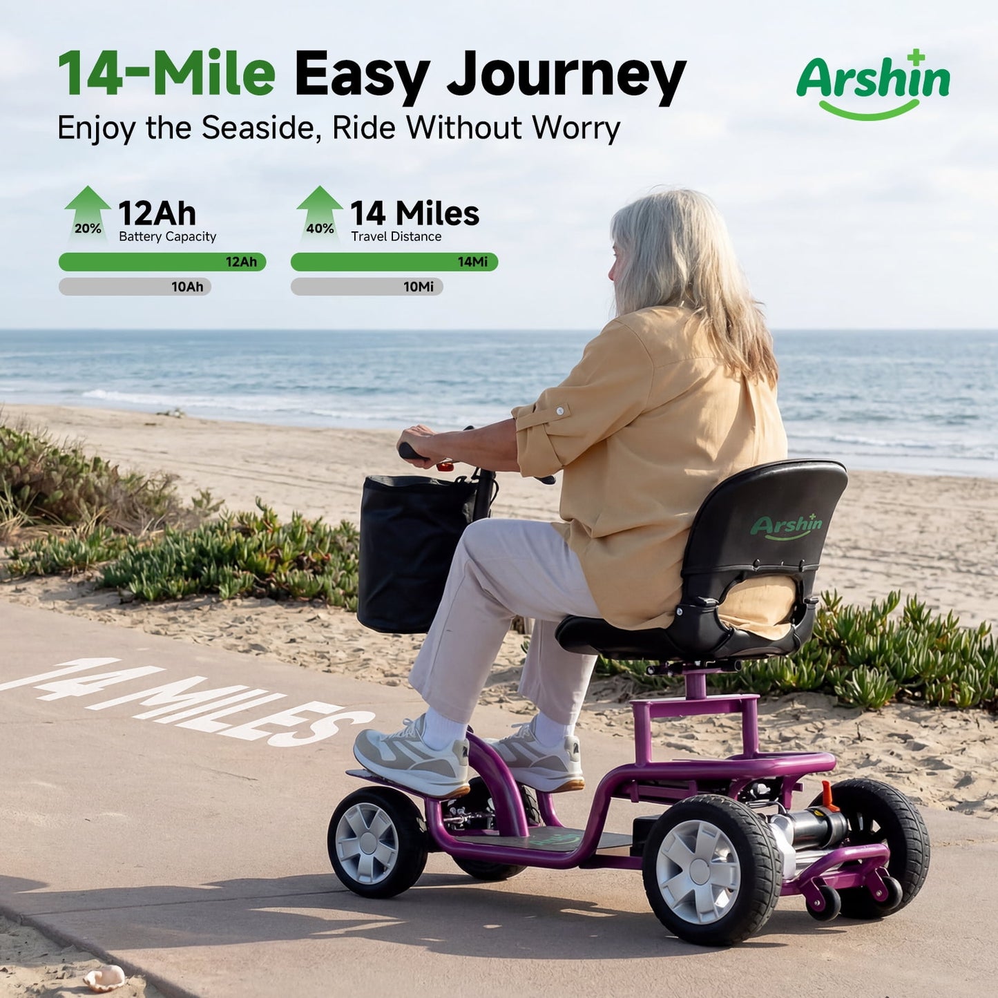 Arshin Mobility Scooter for Seniors & Adults,24V 250W Lightweight Foldable,300 lbs Capacity,Adjustable Speed(Purple)