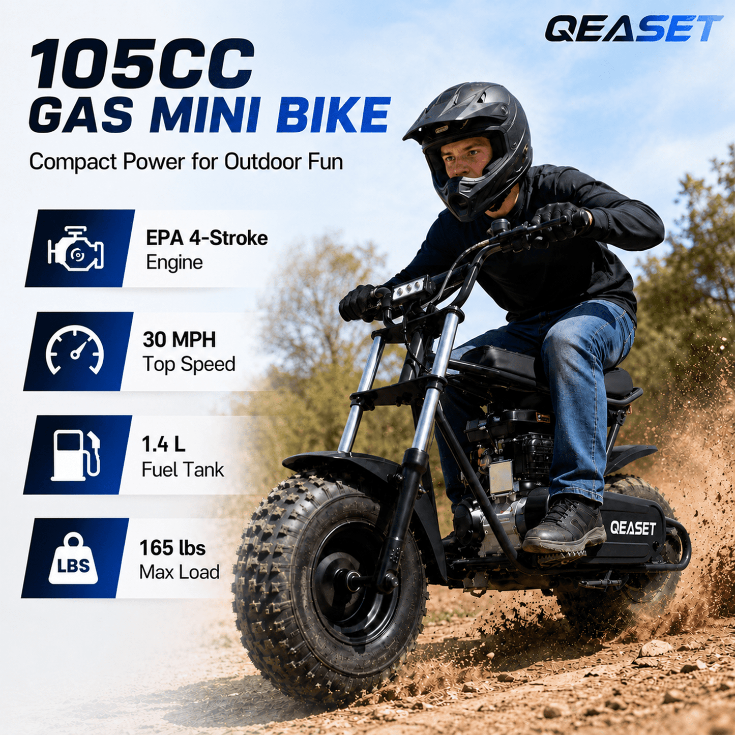 QEASET 105CC 4-Stroke Mini Bike with Shock Absorption, Off-Road Motorcycle, Black