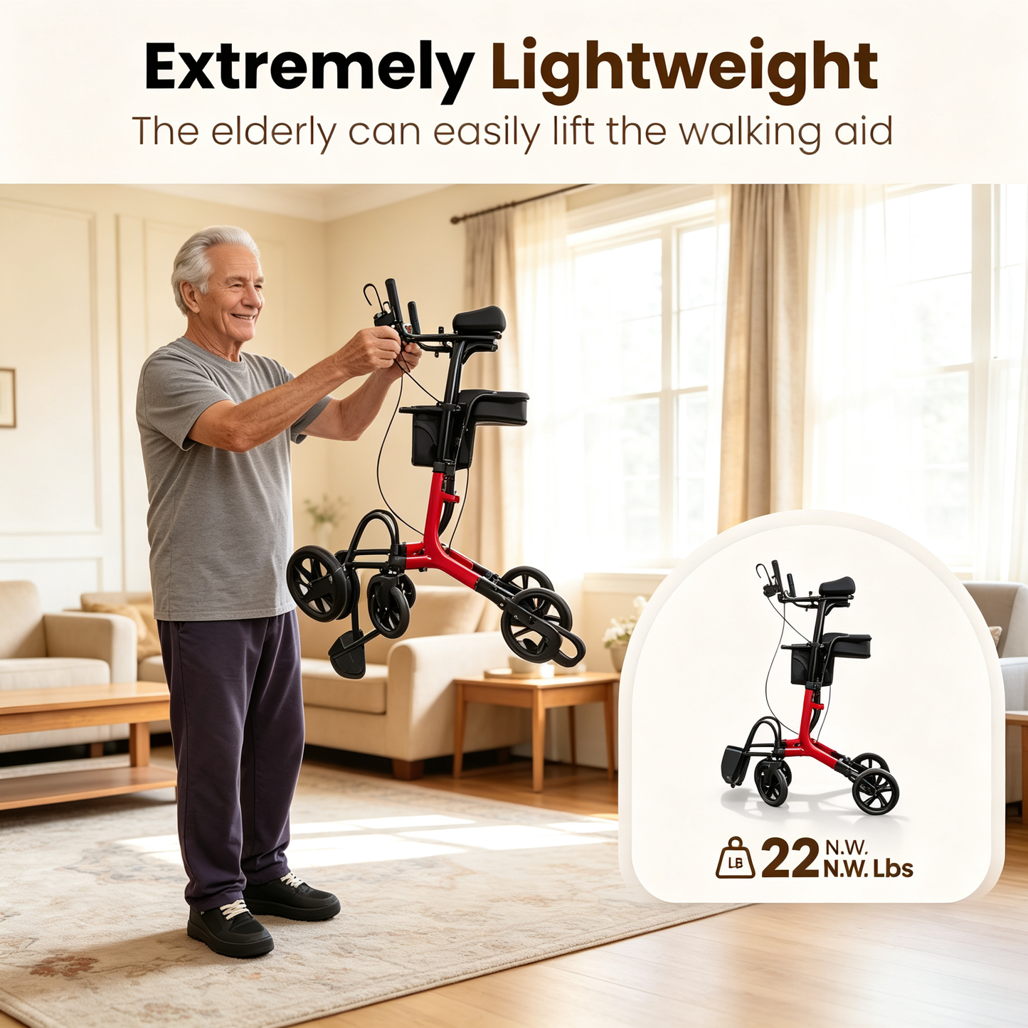 Arshin Foldable Rollator Walker with Seat for Seniors–450 lbs Heavy-Duty Support,Lightweight 19 lbs,10" All-Terrain Wheels for Indoor & Outdoor Use,Adjustable Handles,Compact Fold(Red)