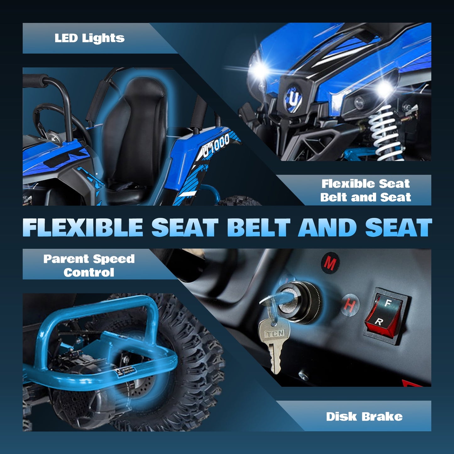 QEASET 48V UTV Electric Off-Road Vehicle for Adults, 3-Speed with Safety Lock, Shock Absorbers, Disc Brakes, Steel Frame & Adjustable Seat – All-Terrain Side-by-Side(Blue)
