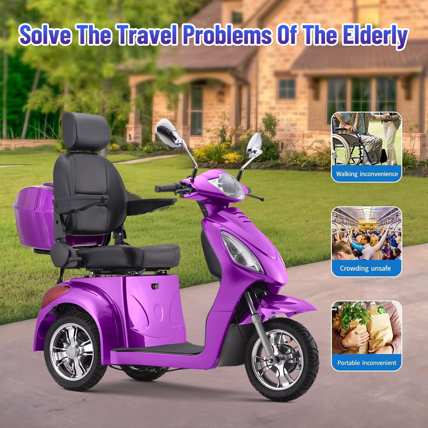 Aoemoe Electric Heavy Duty Mobility Scooters, Large 3-Wheels Wheelchair Device, 500 LBS Capacity for Seniors & Adults, Speed Adjust, Remote Key, Ship Fully Assembled and Ready to Ride (Purple)