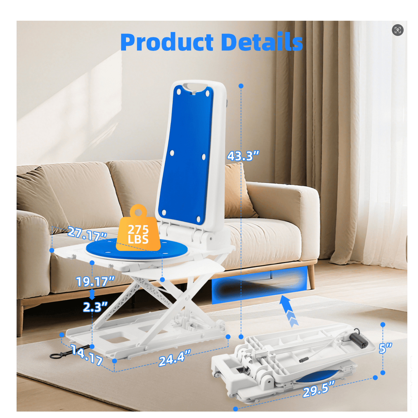 Electric Chair Lift for Senior,Remote Control Floor with Padded Backseat,Bathtub Lift Elderly from Floor,Net Weight 24 lbs,Support Max 308 lbs,Safety and Waterproof Design