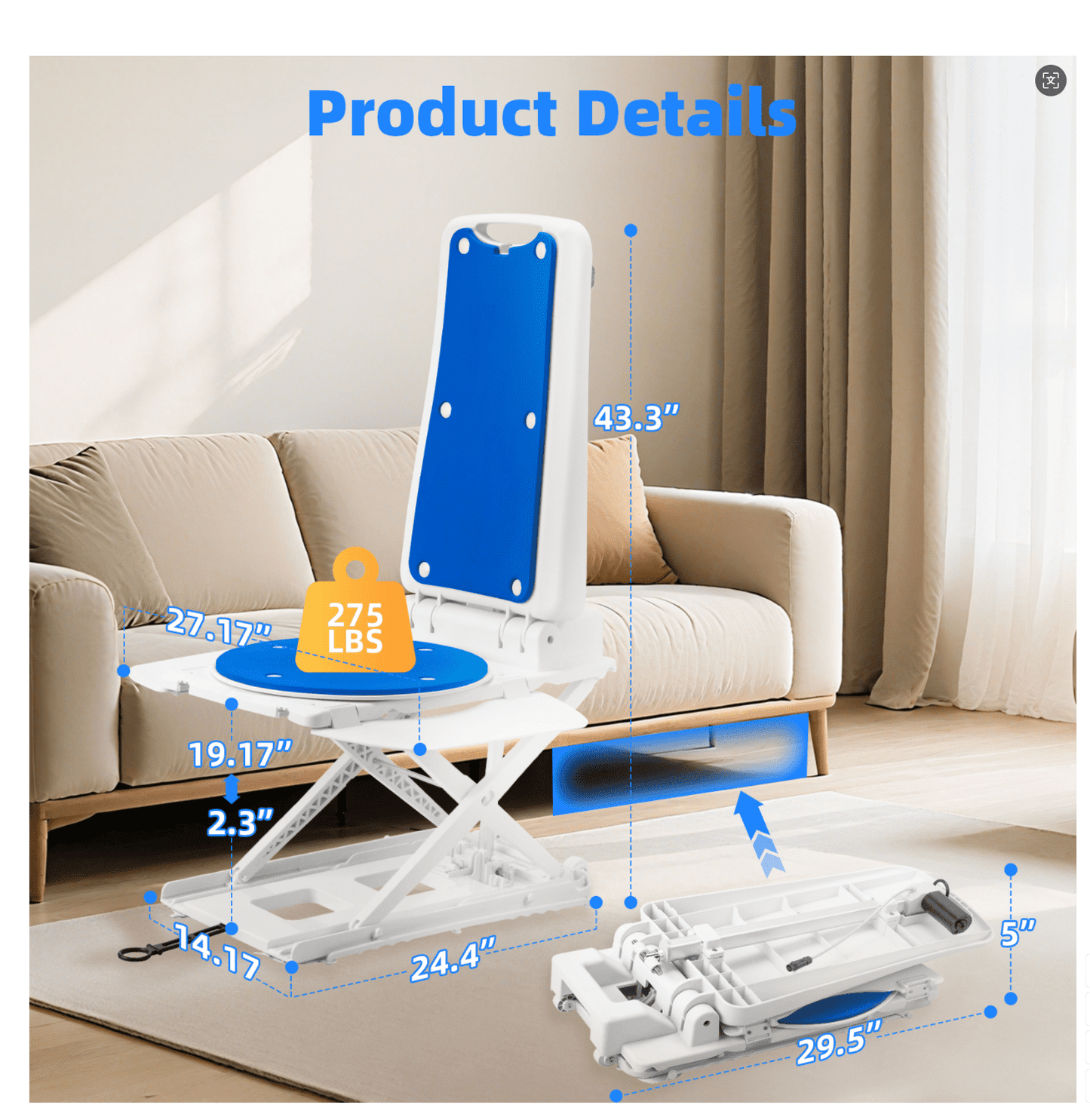 Arshin Electric Chair Lift,Foldable Floor Lift for Elderly,Stand Up Independently from Floor,Raises Up to 20",308 lbs Capacity,IPX8 Waterproof Bath Lift for Tub,No Assembly