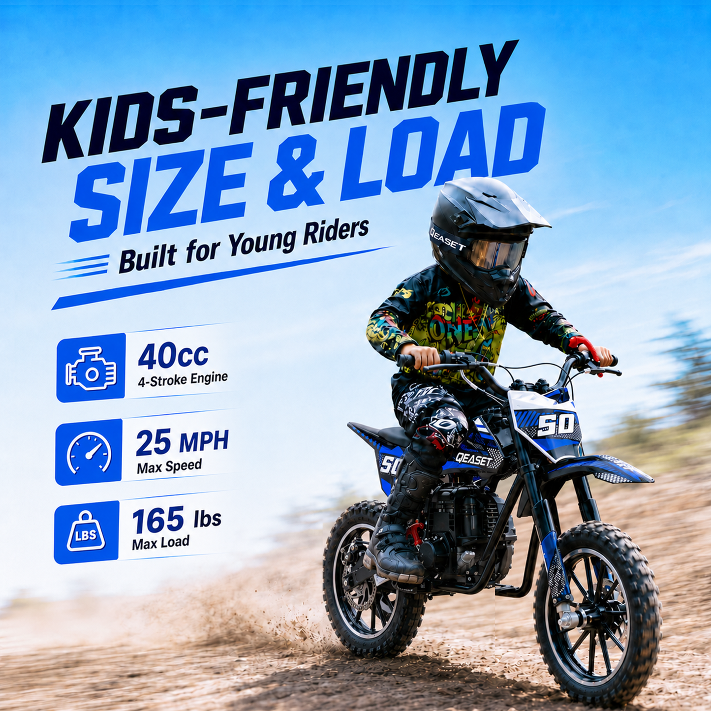 QEASET Mini Gas Powered Ride-On Motorcycle, 39CC 4-Stroke Engine with Disc Brakes, 20 MPH Top Speed, 6.3" Ground Clearance, Supports Up to 165 lbs, Minimal Assembly, Blue