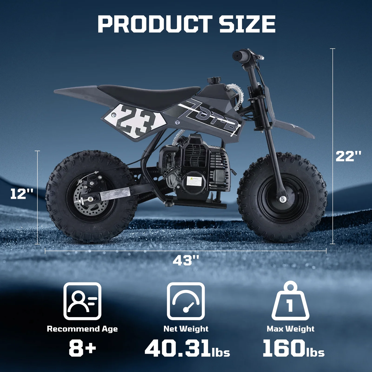 Aoemoe Mini Kid Dirt Bike, 49 CC 2-Stroke Gas Bike with Off-Rode Tire, Suspensions, Disc Brakes, Max Load 160Lbs, Up to 20Mph, EPA Approved