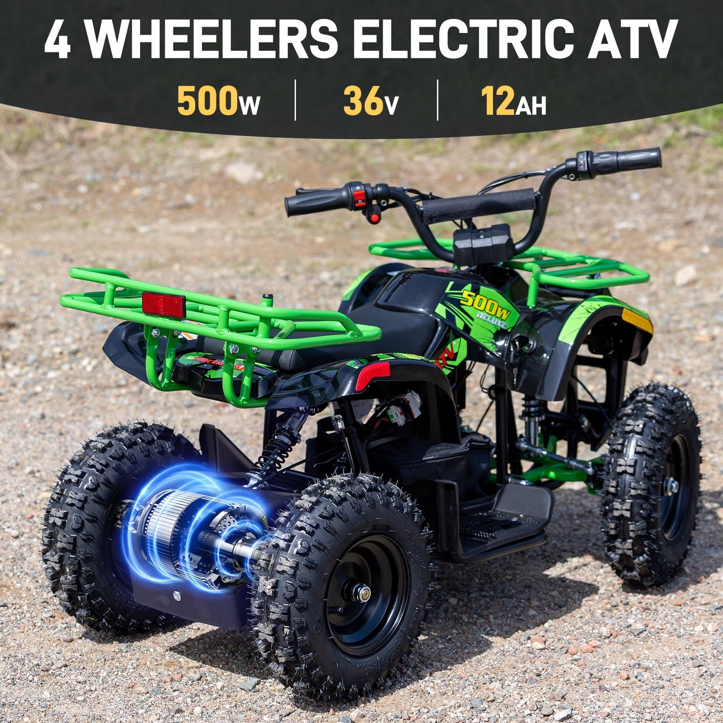 Aoemoe 500W 36V Battery-Powered Ride-On Off-Road 4-Wheeler – 15 Mile Range, Green