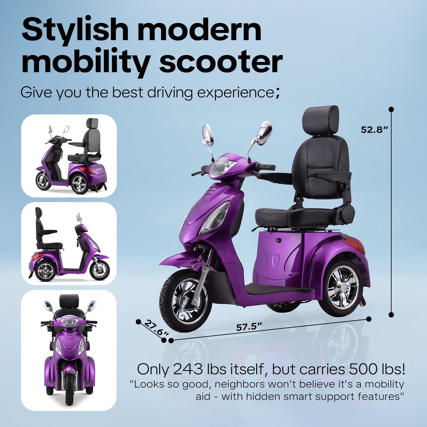 New & Improved 3-Wheel Mobility Scooter for Adults & Seniors - 500 lb Heavy Duty Capacity,31-Mile Range,800W Power for Outdoor Use by Arshin,All-Day Riding,Easy to Use(Purple)