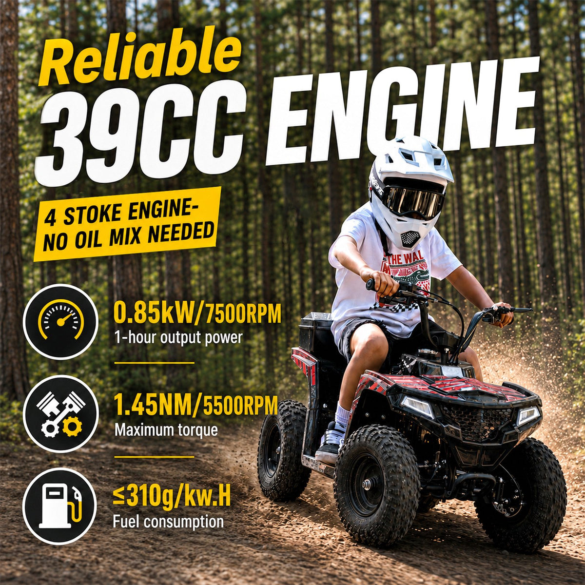 39cc Teen Gas ATV, Gas Powered 4 Wheeler for Teens 16+, 4-Stroke Beginner ATV, Up to 15 MPH, Adjustable Speed, Safety Switches, Front & Rear Brake - Red