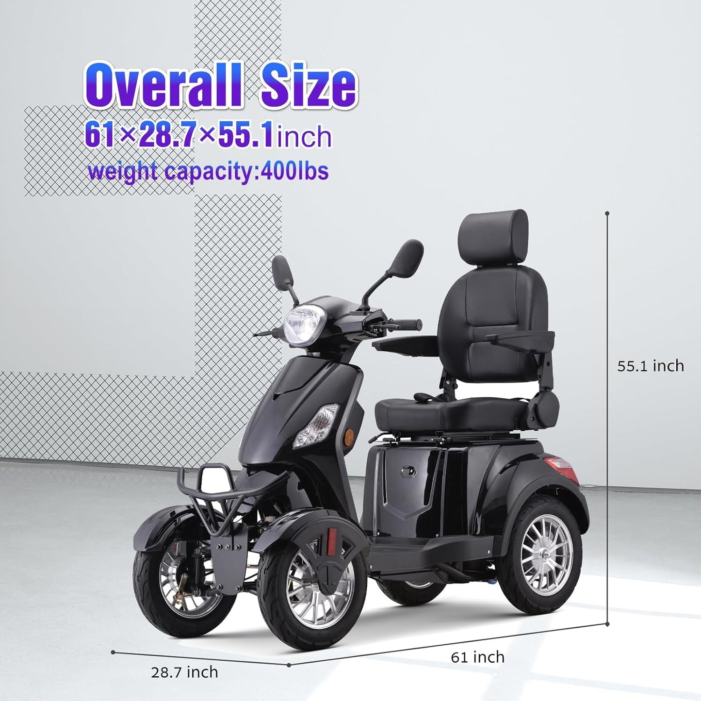Super Large Electric 4 Wheel Mobility Scooters, Heavy Duty 800W Wheelchair Device, 500 LBS Capacity for Seniors & Adults, Speed Adjust, Remote Key, Receive Ready to Ride.（Black）