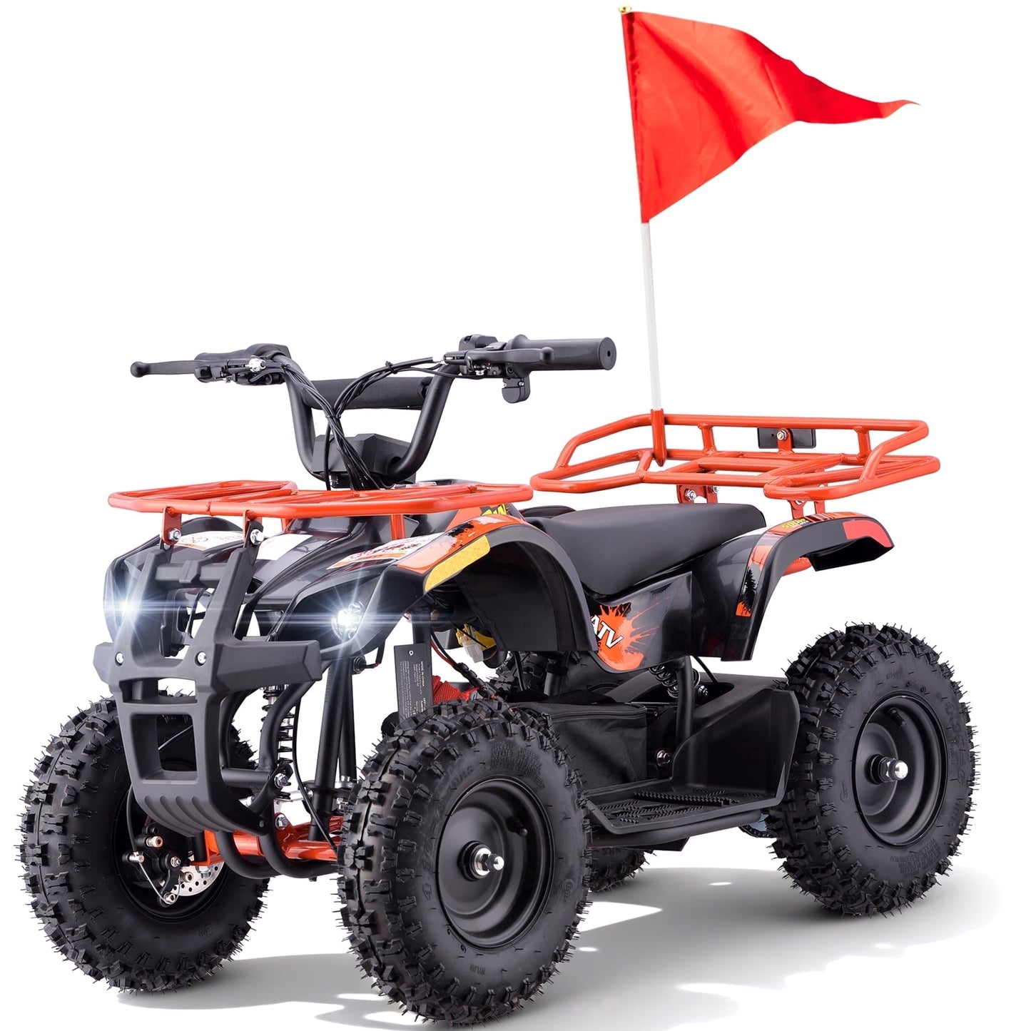 36V Electric 500W Motor 4‑Wheeler with Front & Rear Suspension, IVFJFV Electric 4‑wheel Off‑Road Deep‑Tread Tires & Safety Warning Flag & Bright LED Headlights,Orange